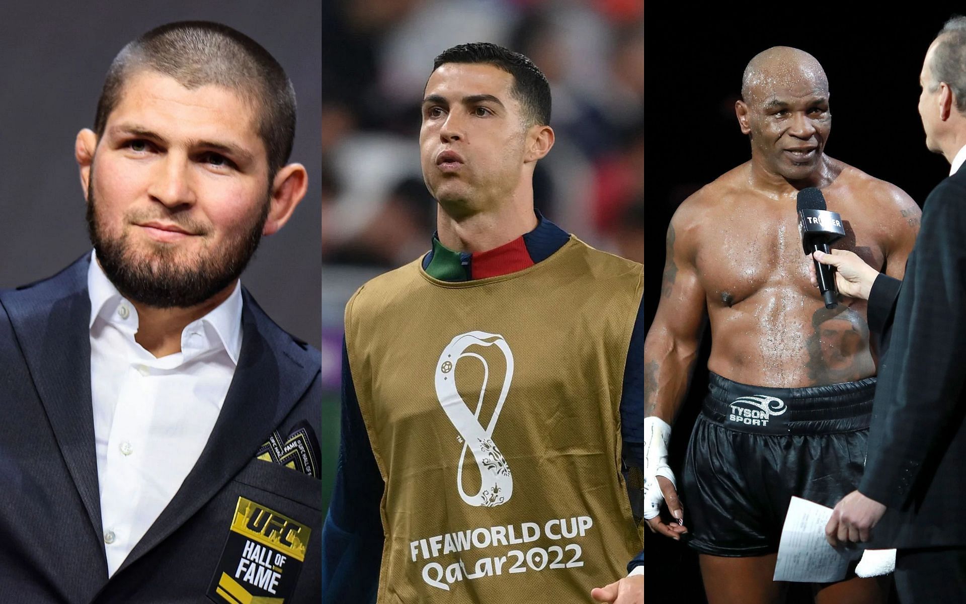 Khabib Nurmagomedov (L), Cristano Ronaldo (M), and Mike Tyson (R).