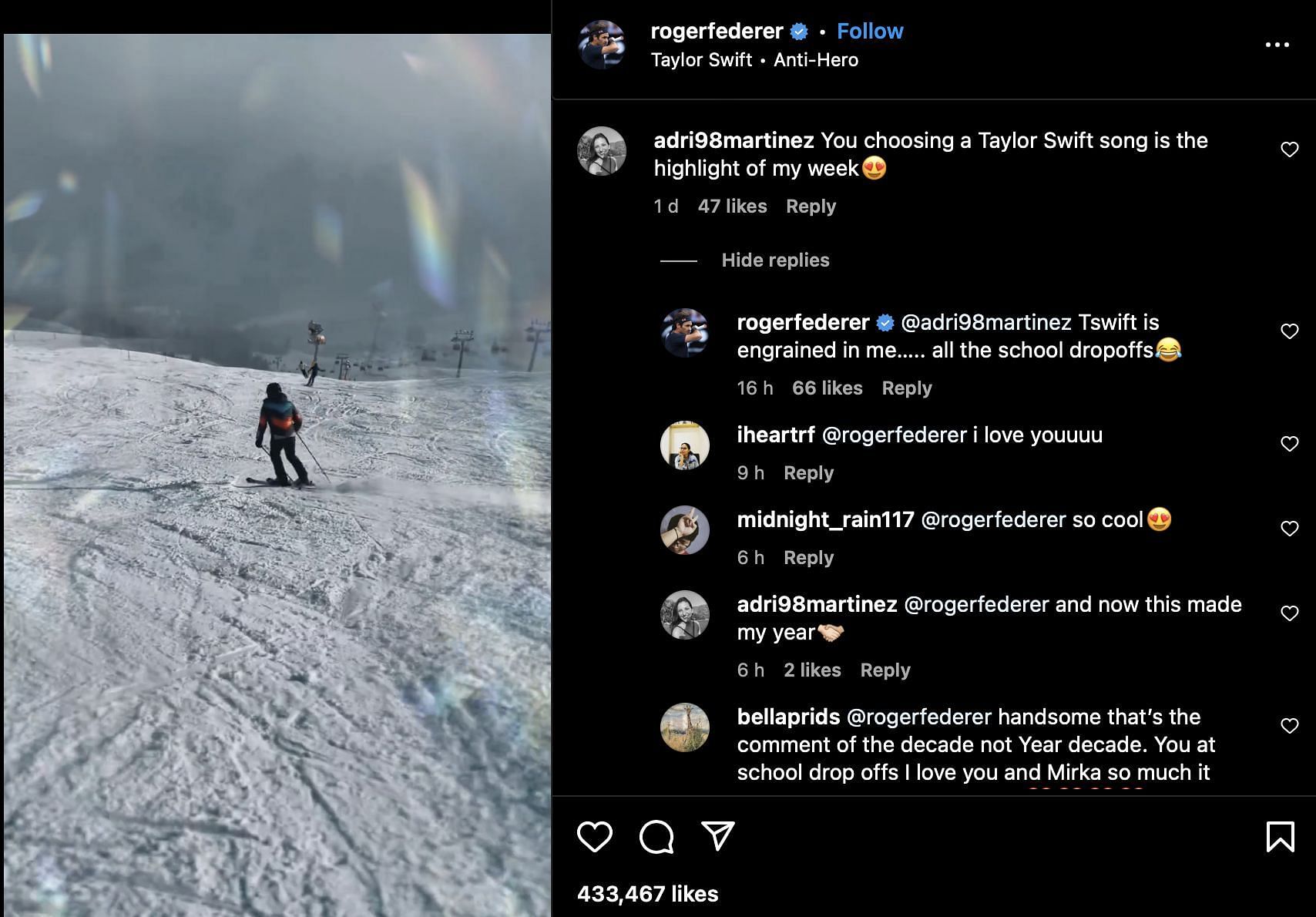 Roger Federer responds to a fan on Instagram