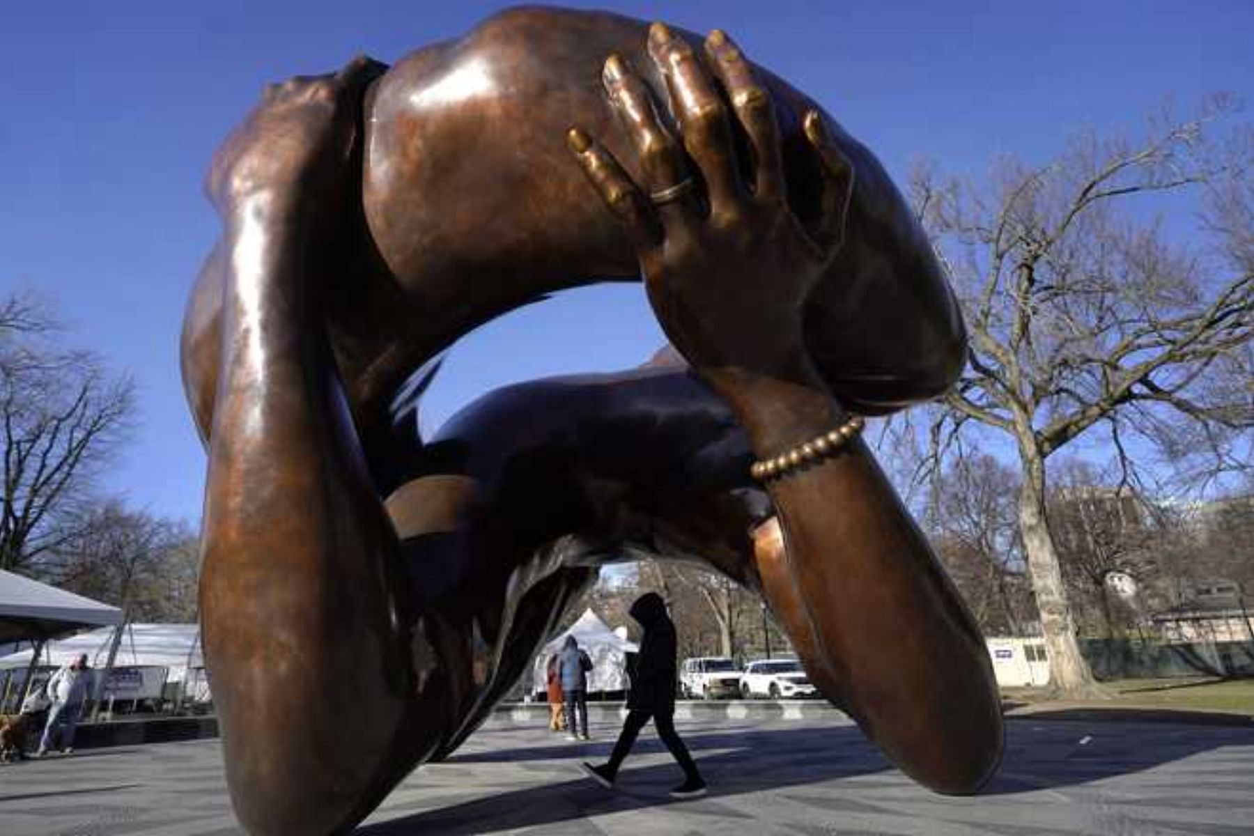 The Embrace at the Freedom Plaza in Boston Common. (Image via Steven Senne/AP)