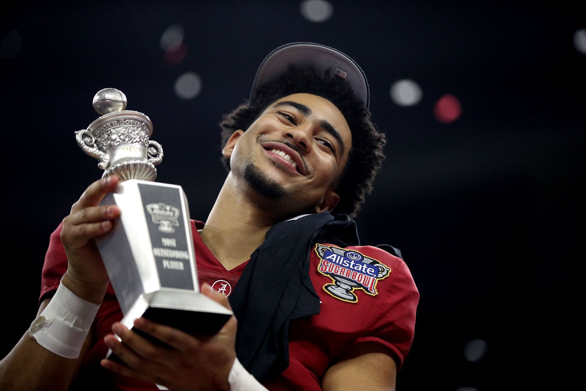 Bryce Young of the Alabama Crimson Tide after recieving the MVP award during the Allstate Sugar Bowl