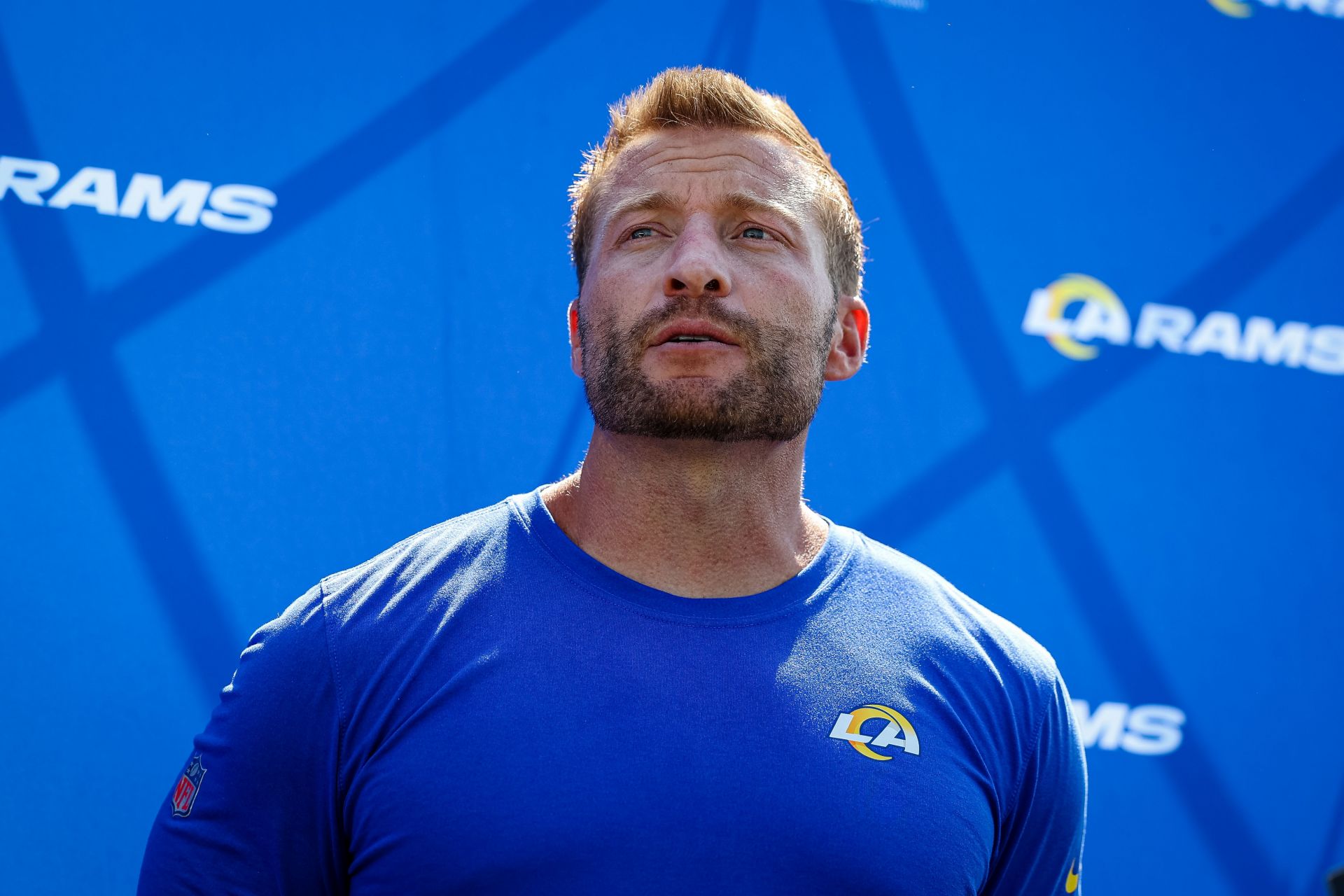 Los Angeles Rams head coach Sean McVay talks to quarterback John