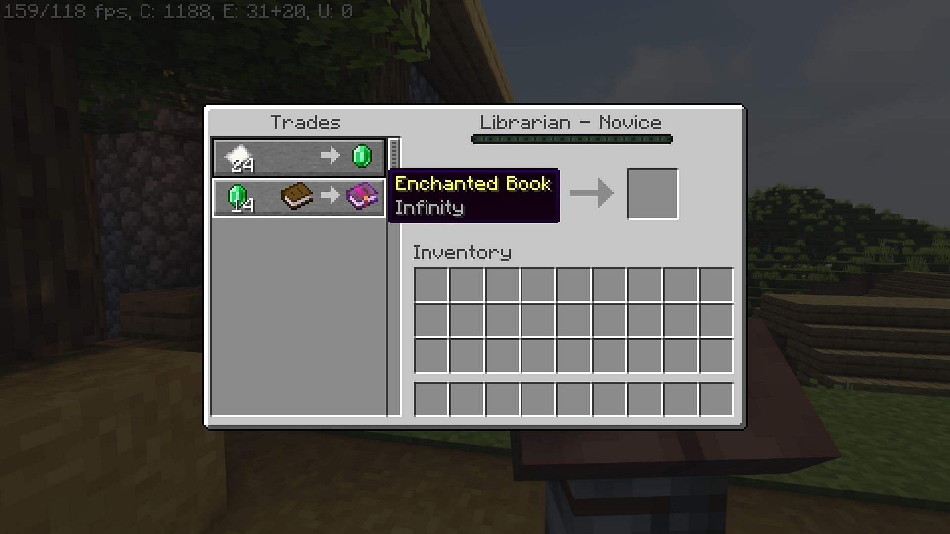 The Infinity Enchantment offered by a librarian (Image via Mojang)