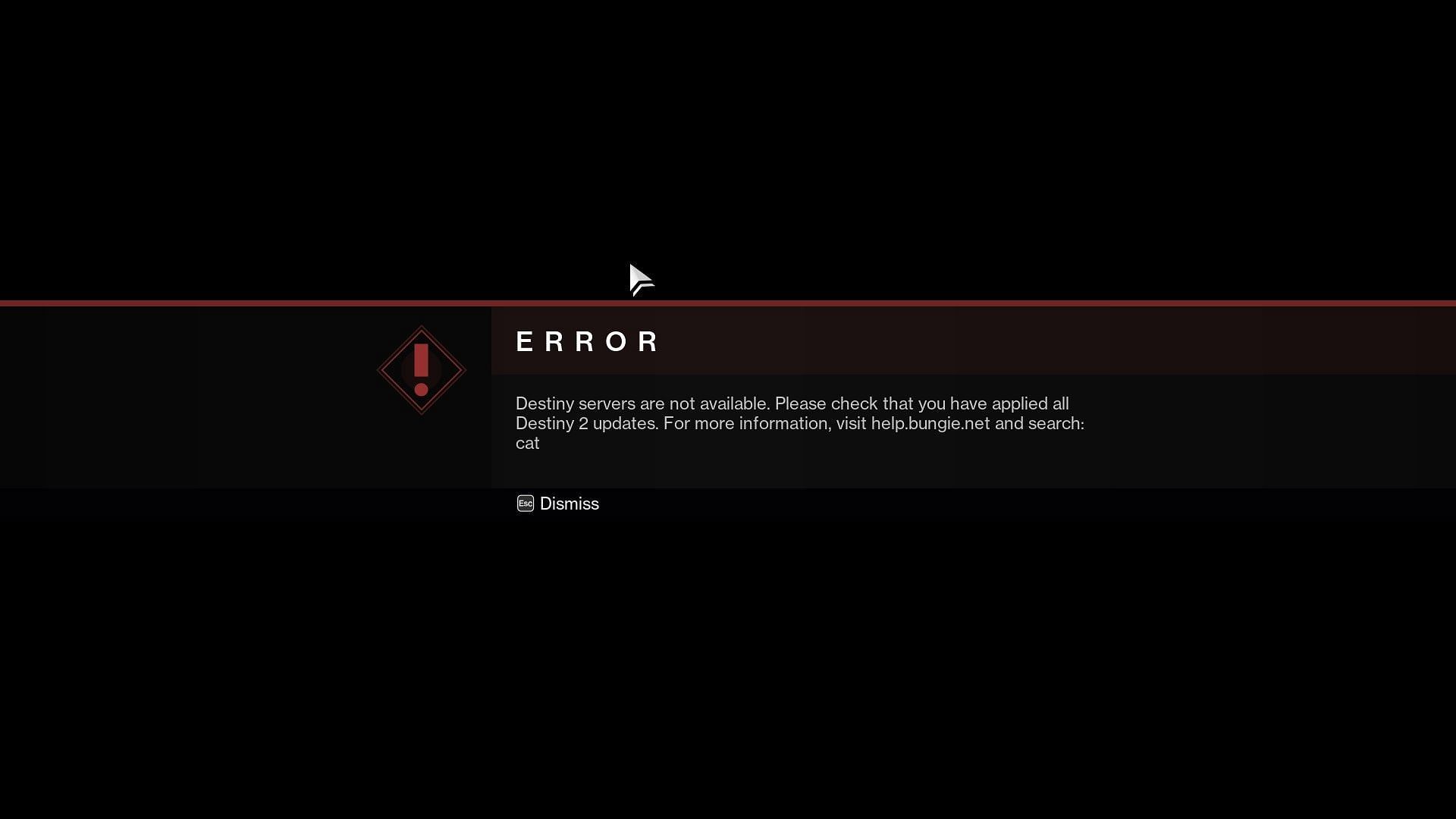 Destiny 2 error code CAT as shown in the game currently (Image via Bungie)