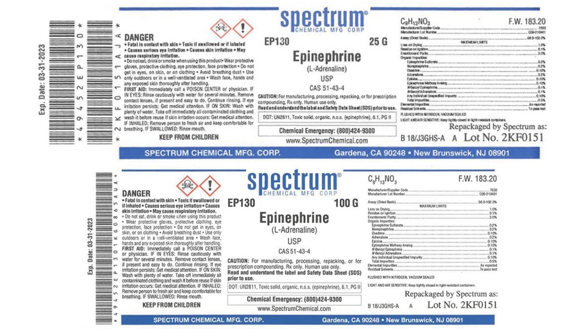 Labels of 25 grams and 100 grams lots under the Spectrum Epinephrine Bulk API Powder recall (L-Adrenaline) USP drug (Image via FDA)