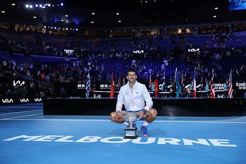 Novak Djokovic pictured with his Australian Open trophy.