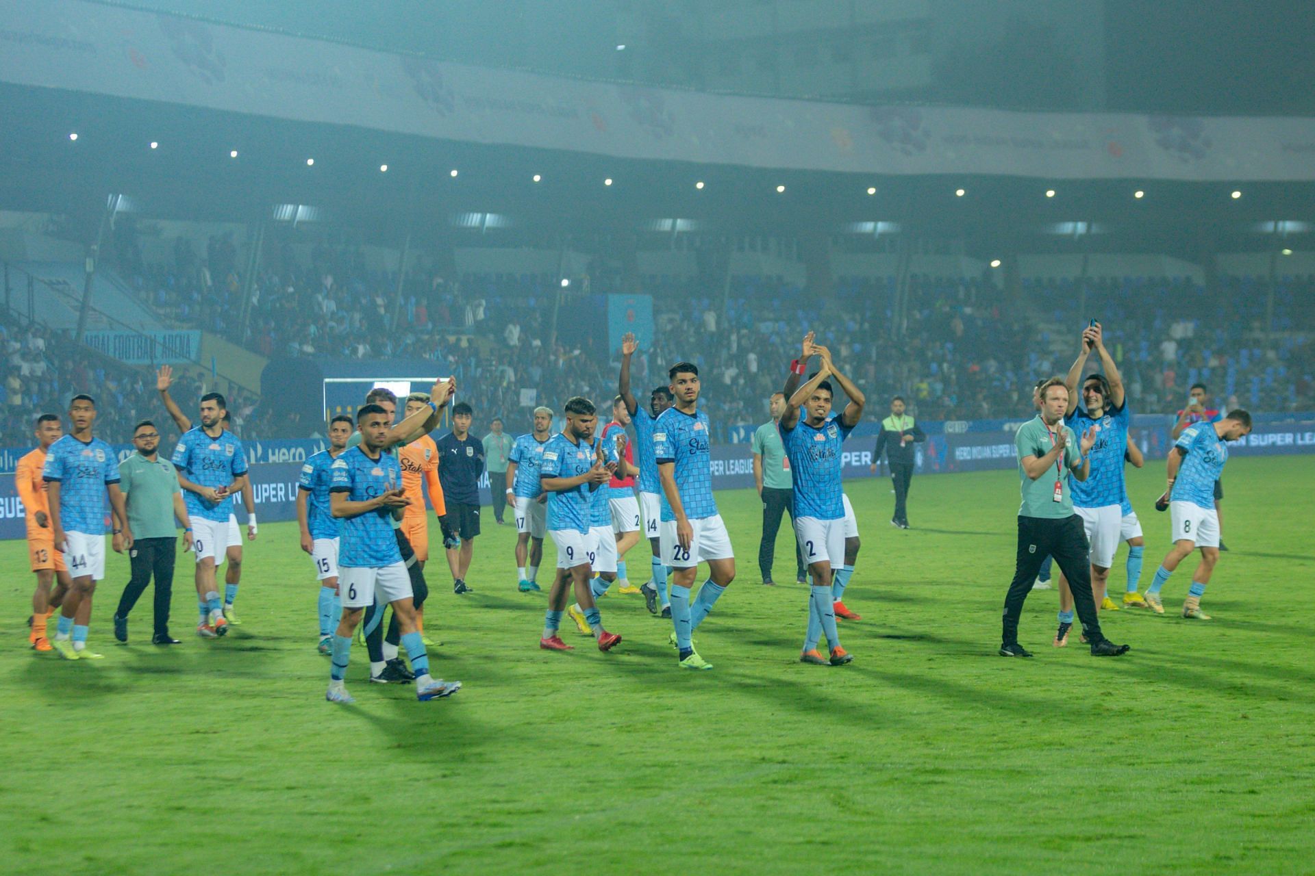 Mumbai City FC players after their victory against NorthEast United FC.