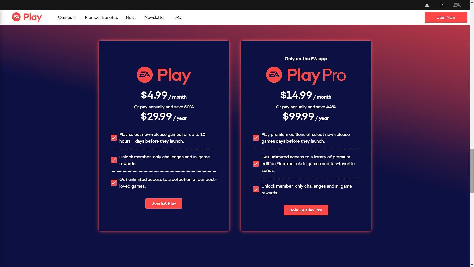 EA Play and EA Play Pro monthly and yearly subscription plans (image via EA Play website)