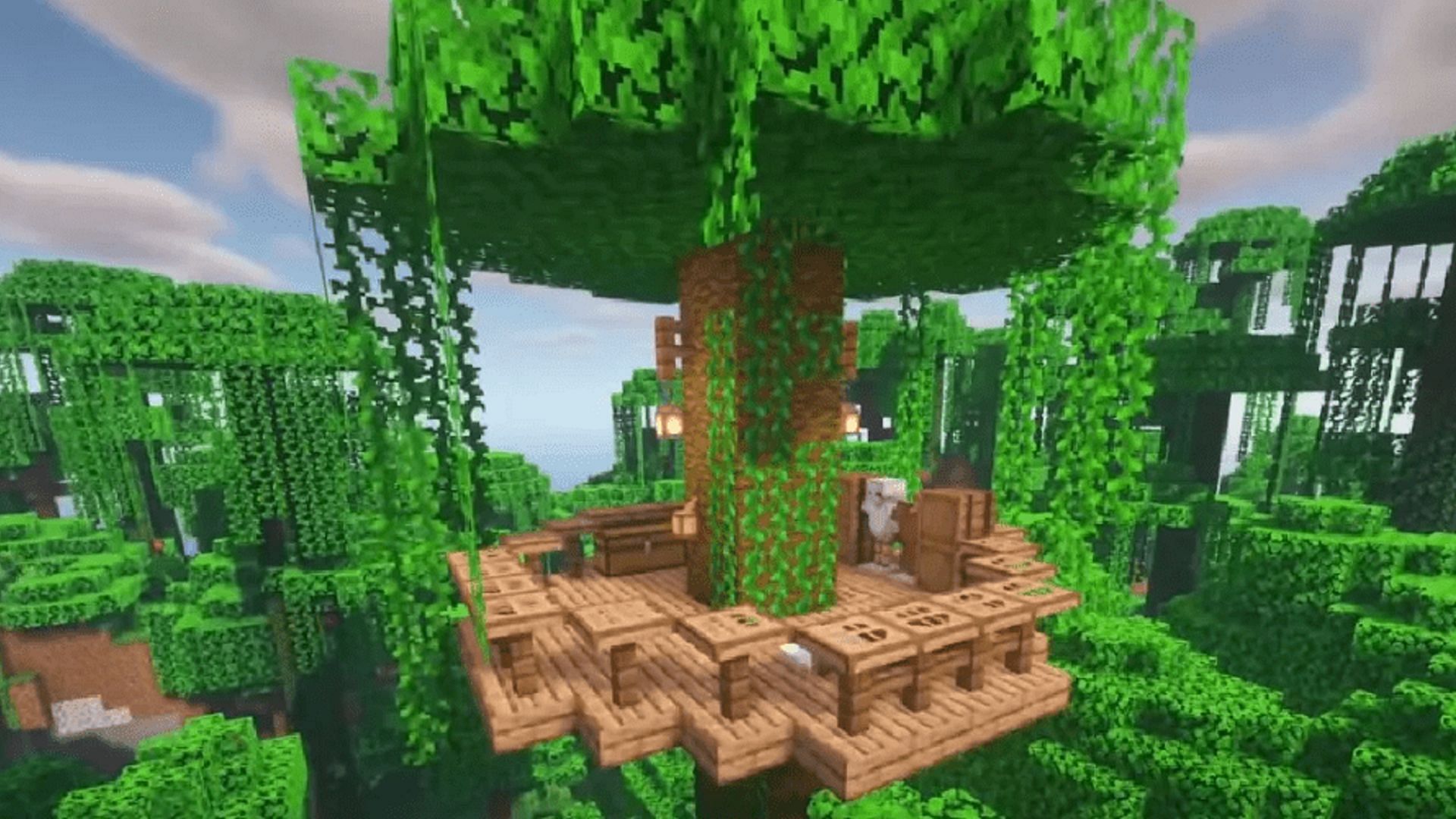 Treehouses like this jungle home build are light on resources and great for survivability (Image via Minecraft.net)