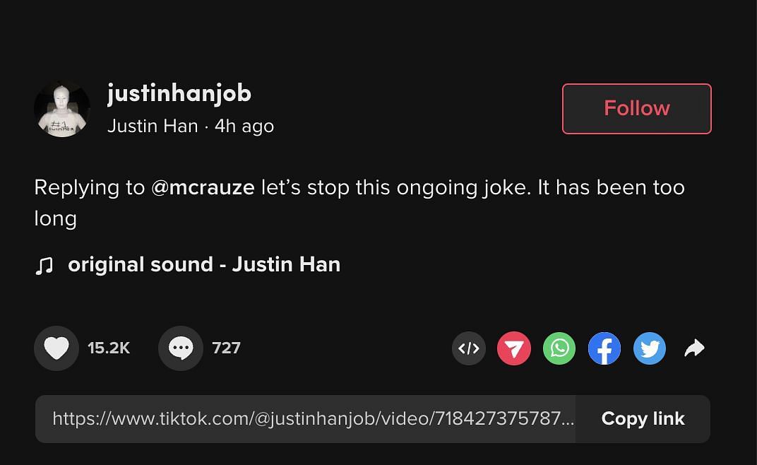 Justin requested his followers to stop the ongoing joke about him being 30. (Image via TikTok)