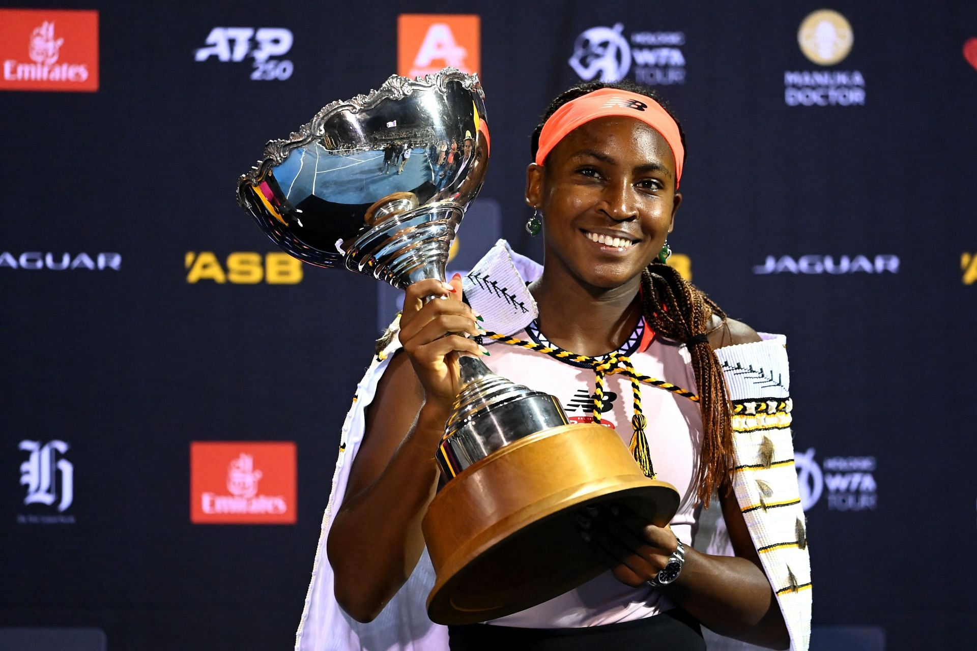 Coco Gauff celebrates after winning the 2023 ASB Women&#039;s Classic.