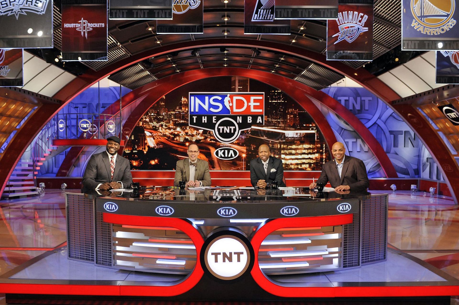 Ernie Johnson, Shaquille O&#039;Neal, Charles Barkley and Kenny Smith comprise the award-winning Inside the NBA team. [photo: The Atlanta Journal]