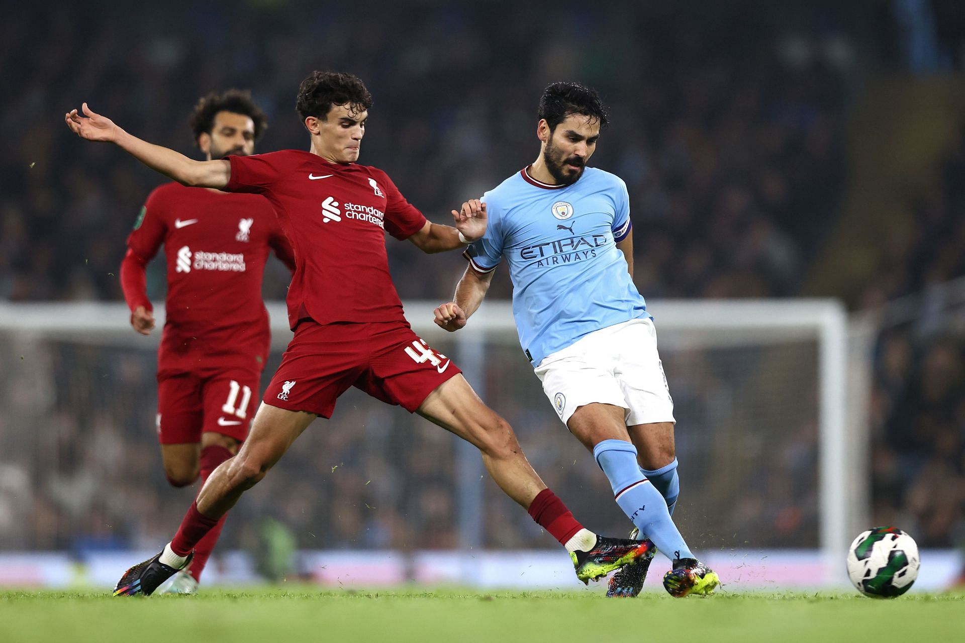 Stefan Bajcetic in action for Liverpool against Manchester City