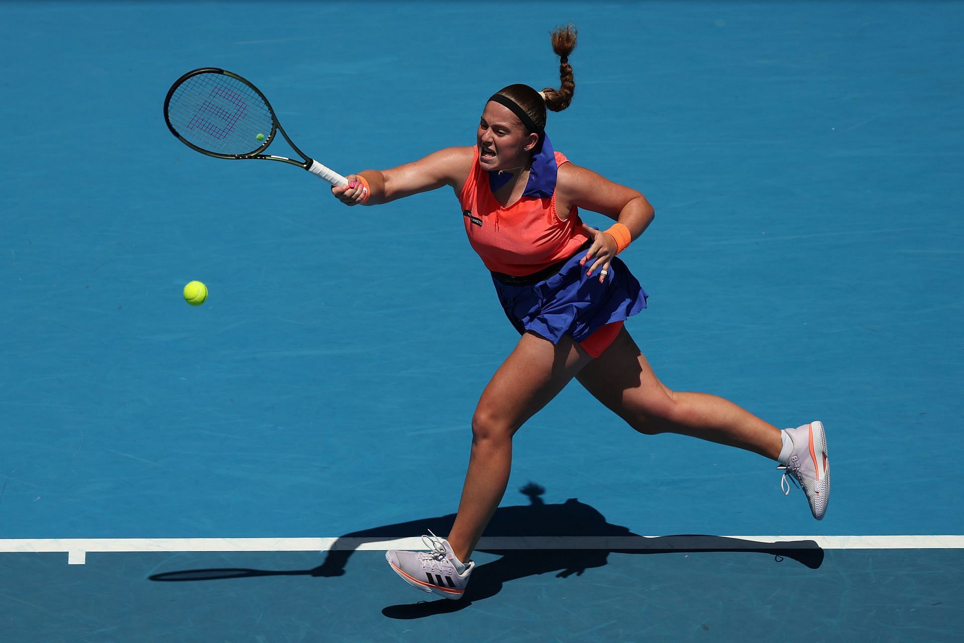 Jelena Ostapenko plays a forehand during the fourth-round singles match against Coco Gauff