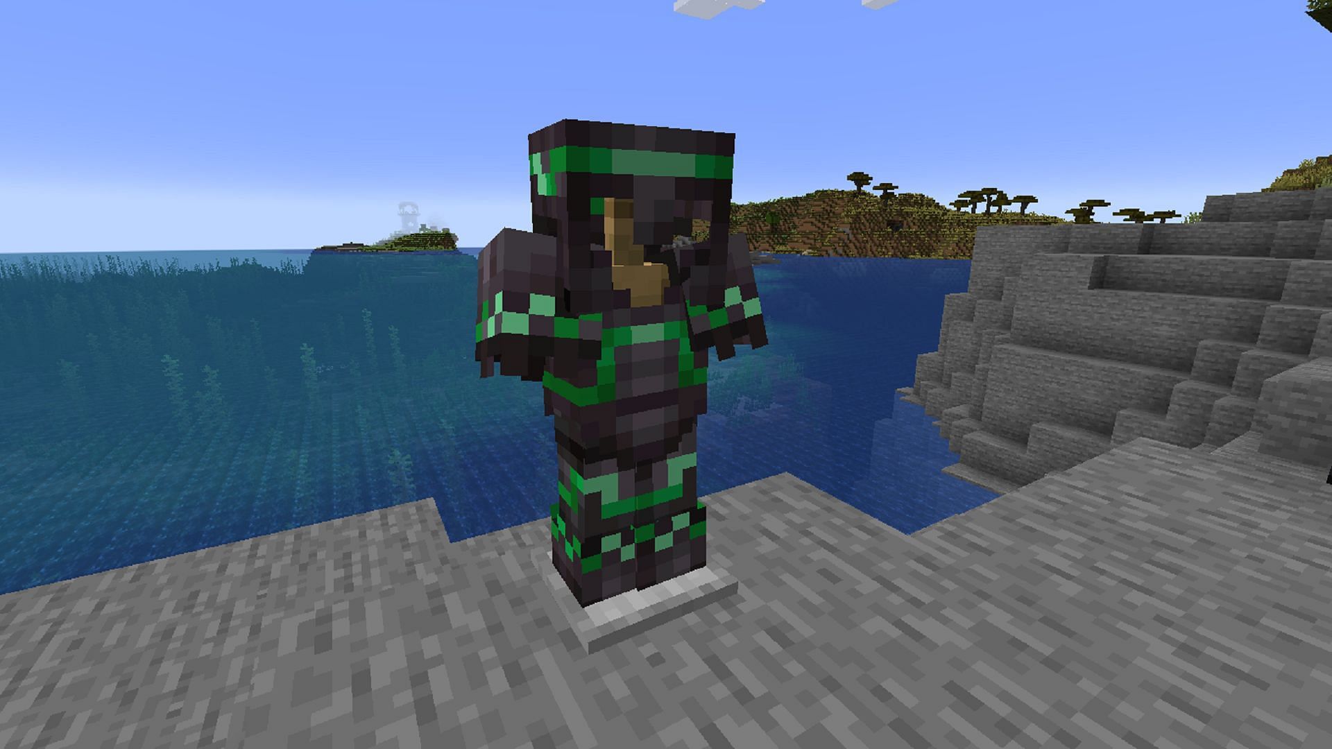 A spire pattern applied with emerald over netherite armor (Image via Mojang)