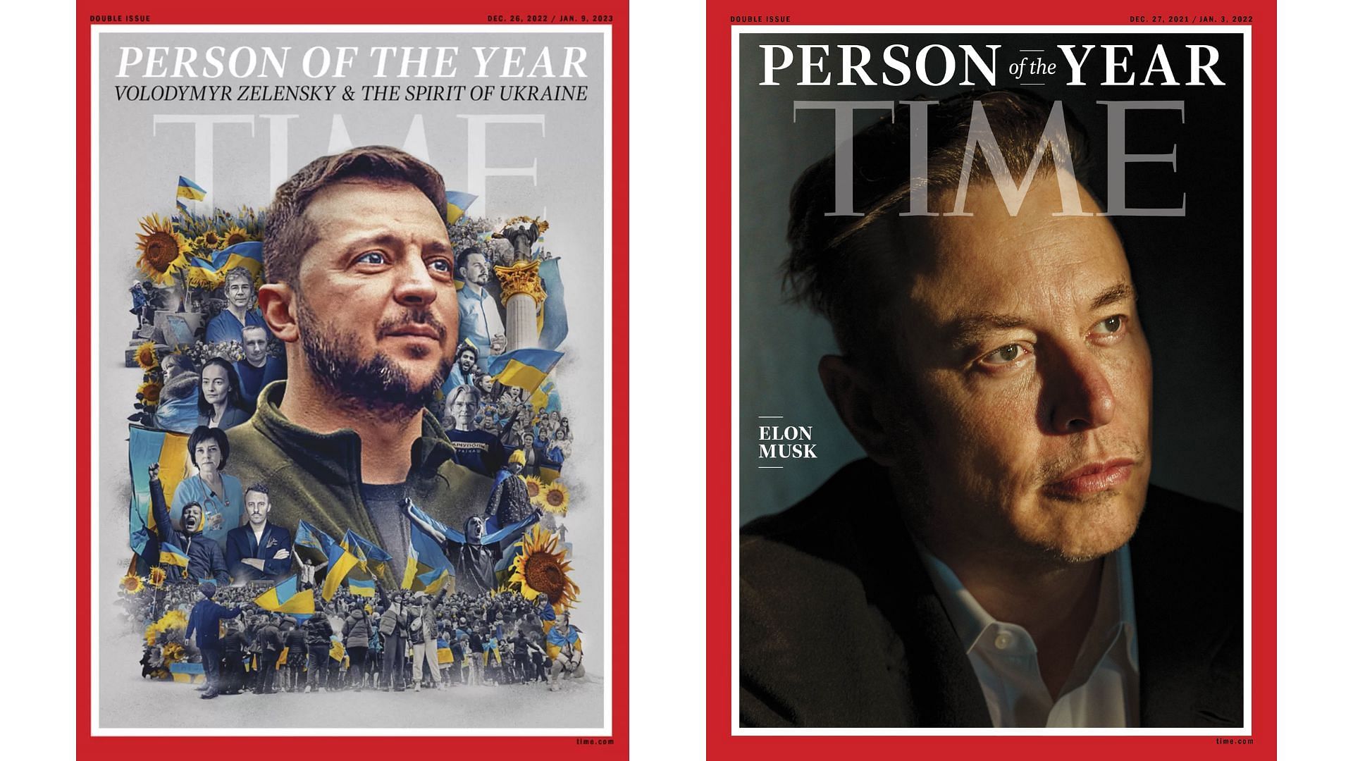 Volodymyr Zelensky (L) and Elon Musk (R) on the cover (Image via Twitter/@time)
