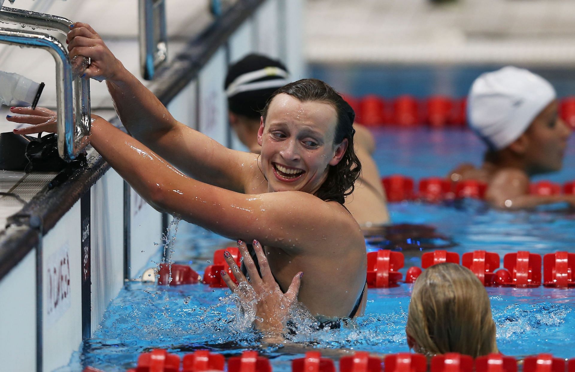 Katie Ledecky of the United States reacts after winning the Women&#039;s 800m Freestyle Final on Day 7 of the London 2012 Olympic Games 