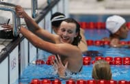 Katie Ledecky of the United States reacts after winning the Women's 800m Freestyle Final on Day 7 of the London 2012 Olympic Games