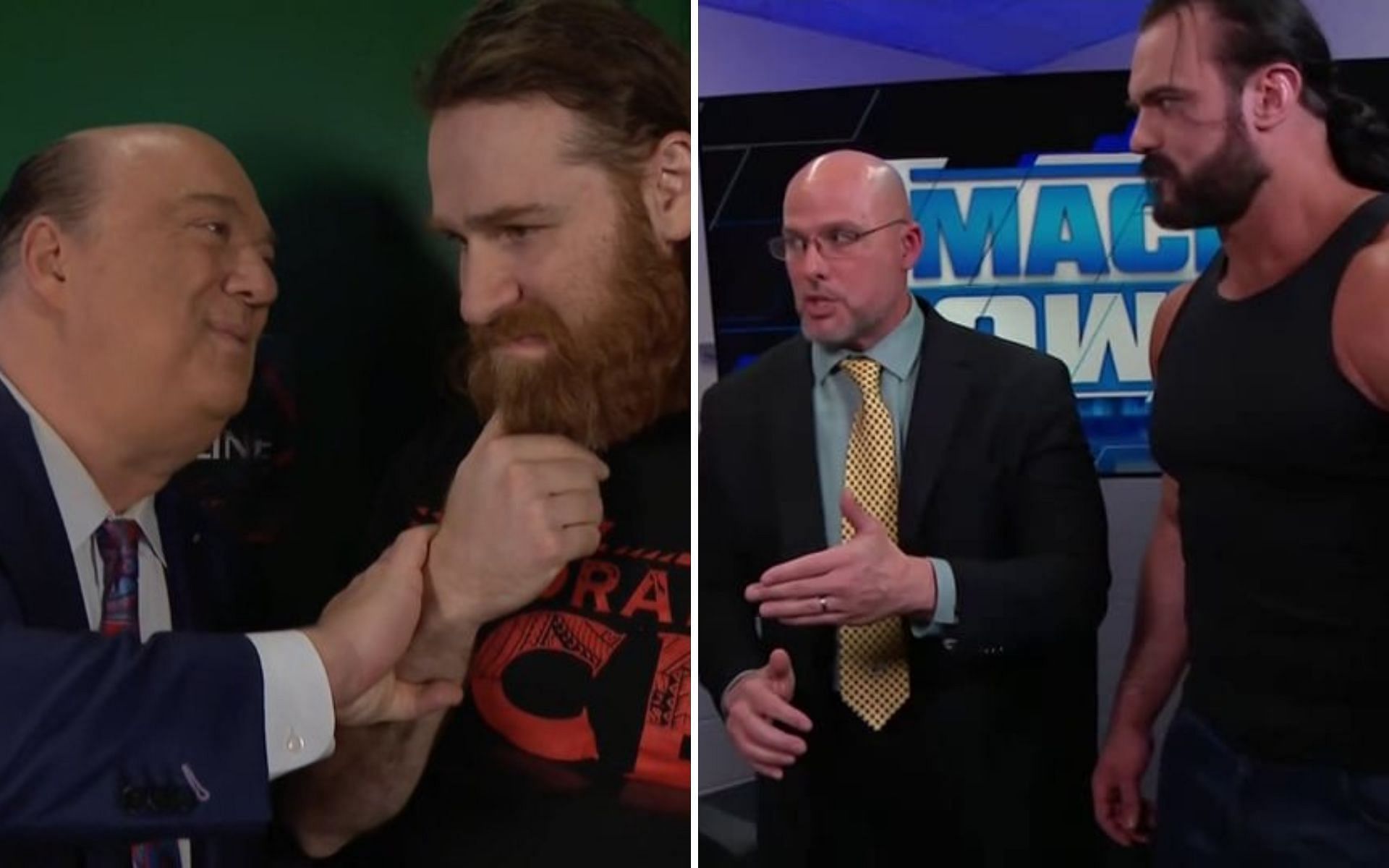 Sami Zayn and Paul Heyman; Adam Pearce and Drew McIntyre