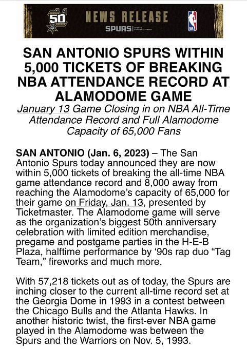 SAN ANTONIO SPURS WITHIN 5,000 TICKETS OF BREAKING NBA ATTENDANCE RECORD AT  ALAMODOME GAME