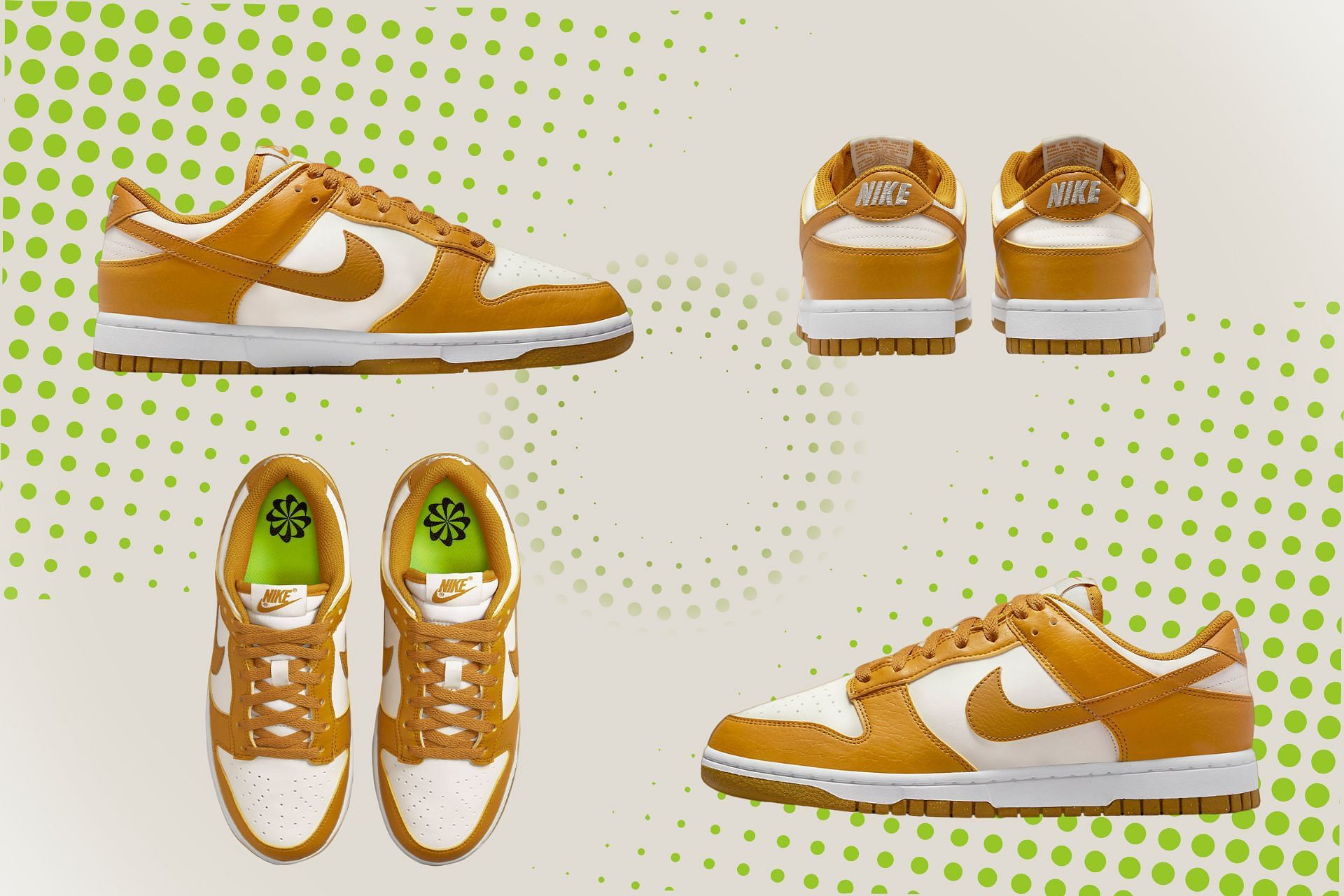 The upcoming Nike Dunk Low &quot;Phantom Gold&quot; sneakers come clad in a traditional two-toned color scheme (Image via Sportskeeda)