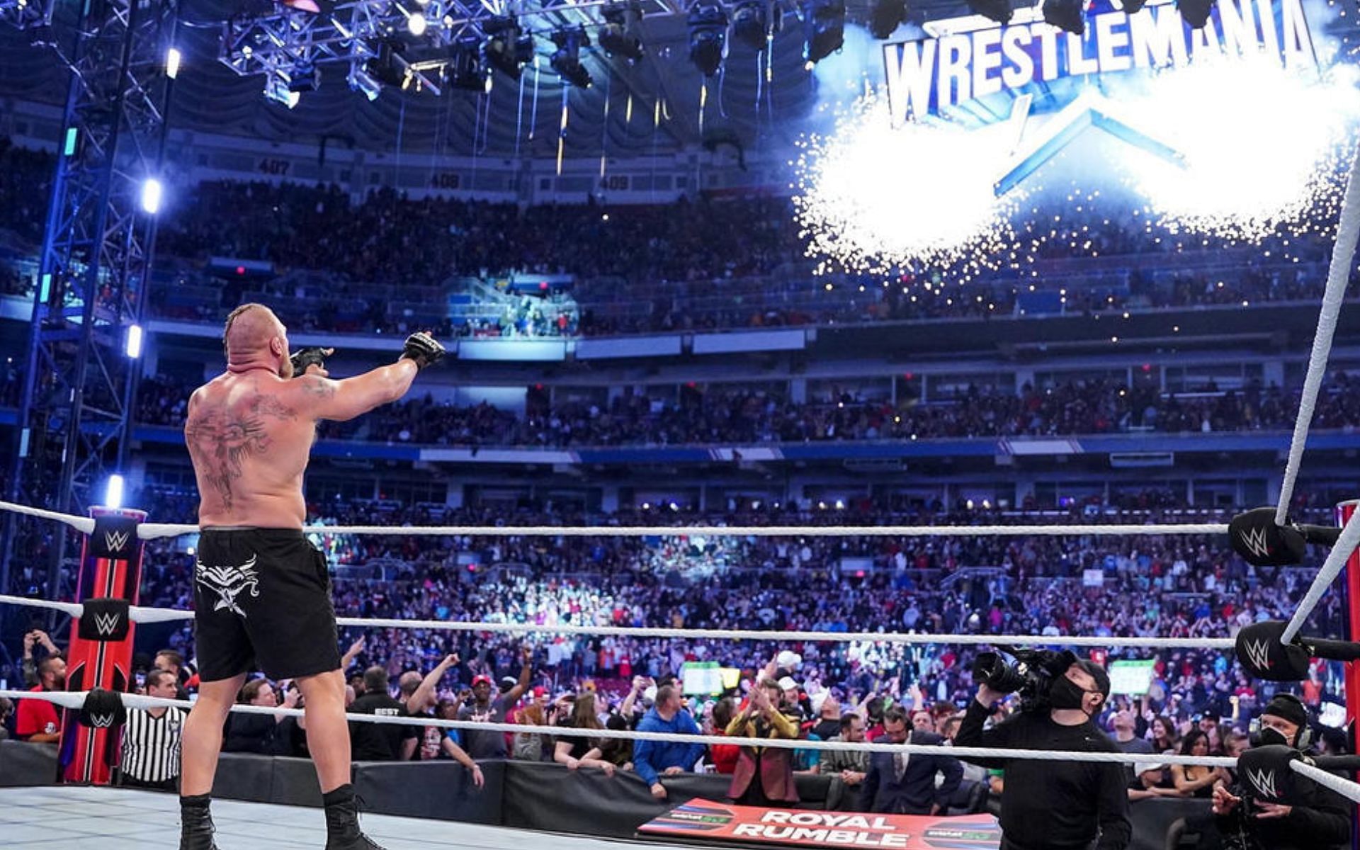 Brock Lesnar celebrates winning the 2022 Royal Rumble match {Photo credit: WWE - wwe.com}