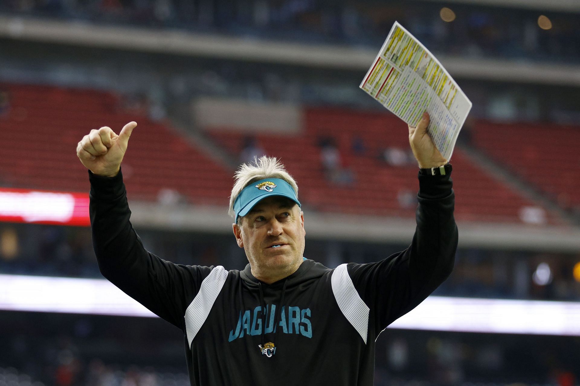 Head coach Doug Pederson of the Jacksonville Jaguars celebrates after the game against the Houston Texans