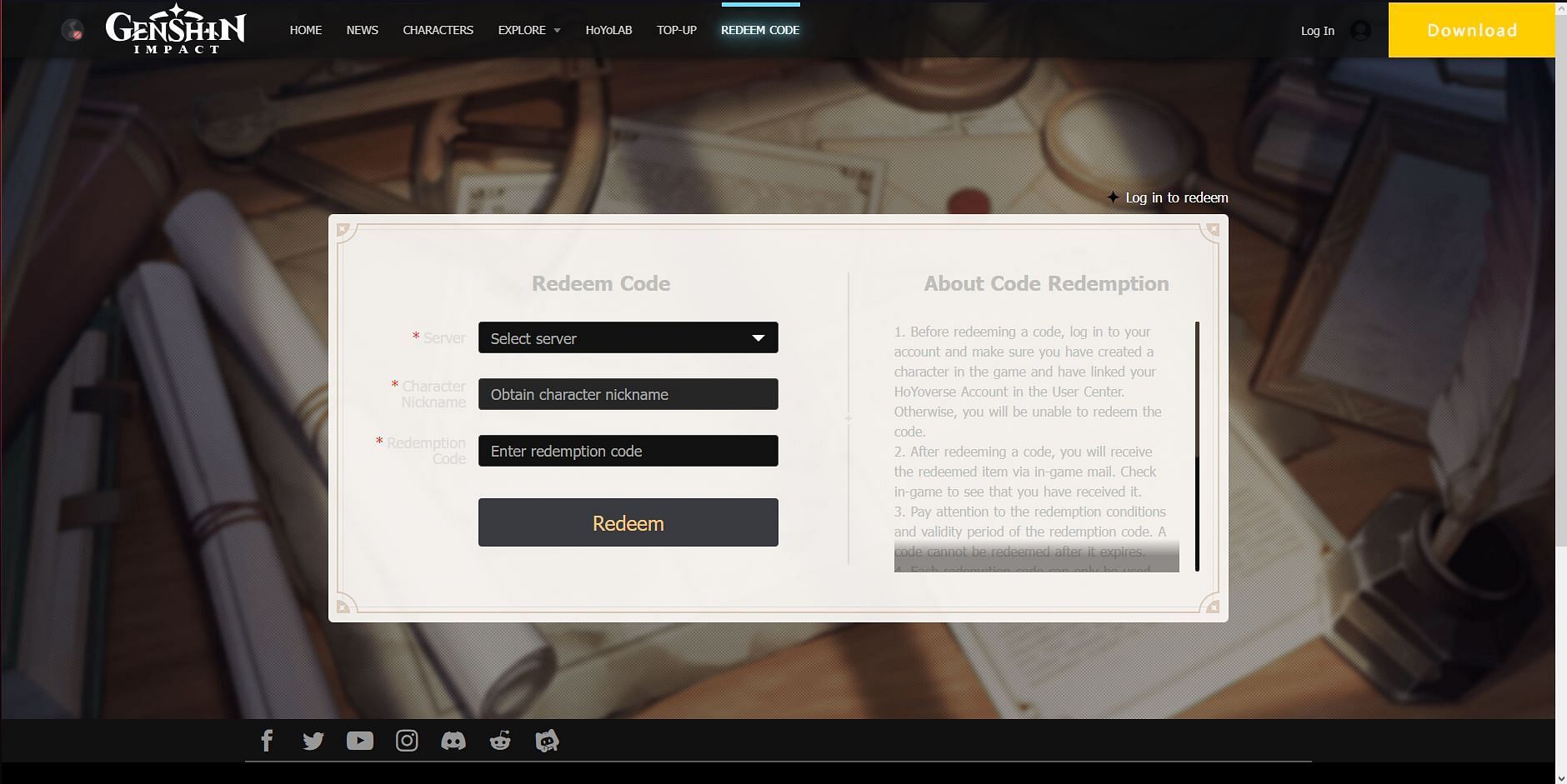 Genshin Impact official code redemption website (Image via HoYoverse)