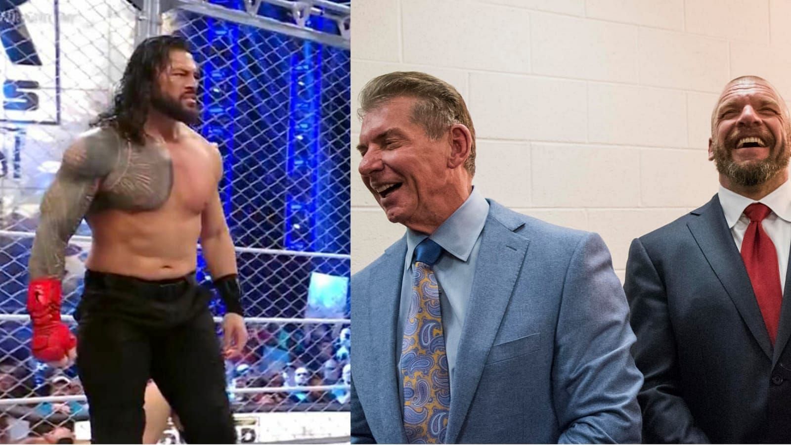 Roman Reigns (left); Vince McMahon and Triple H (right)