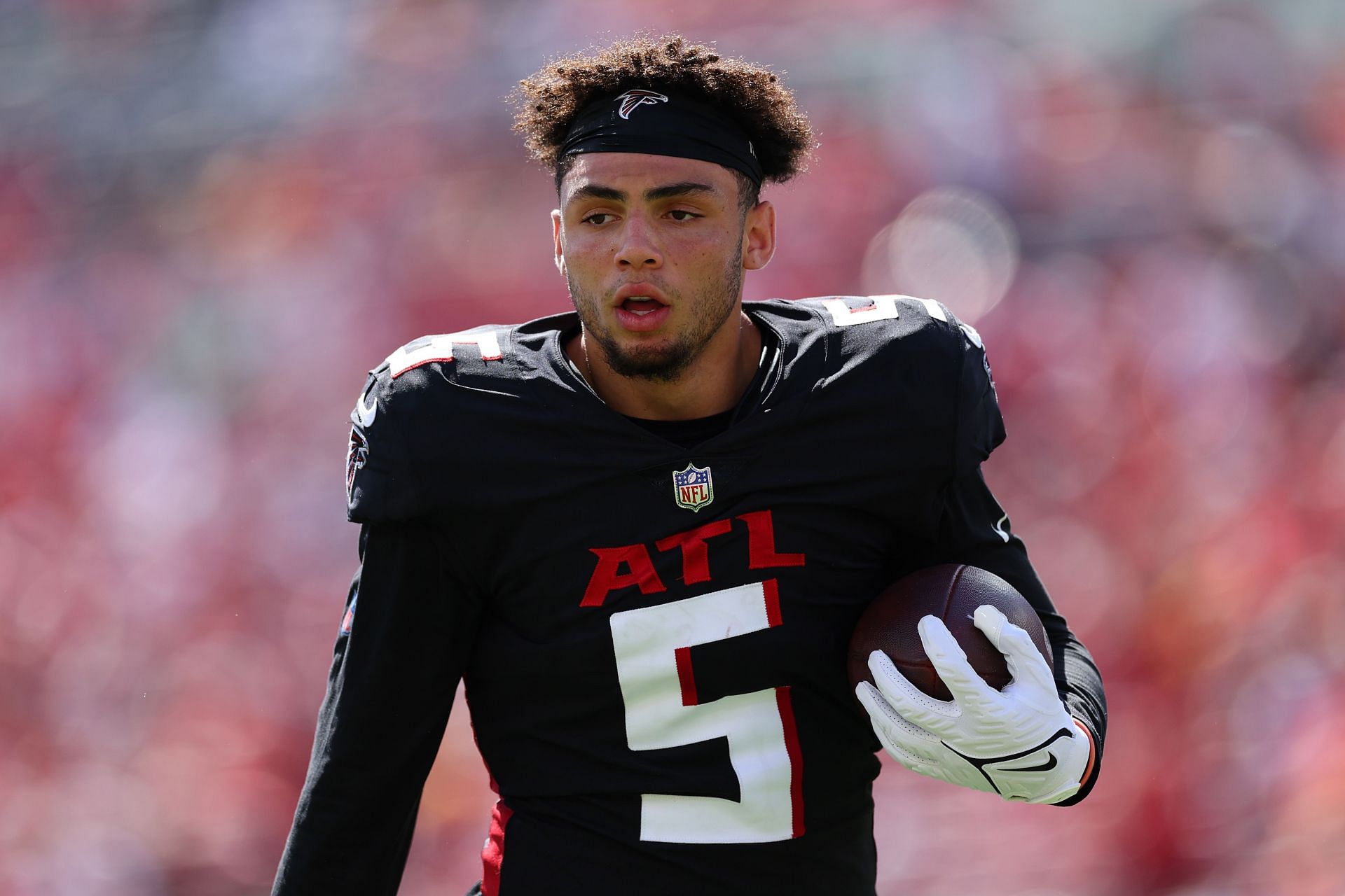 Drake London of the Atlanta Falcons looks on during the third quarter of the game against the Tampa Bay Buccaneers