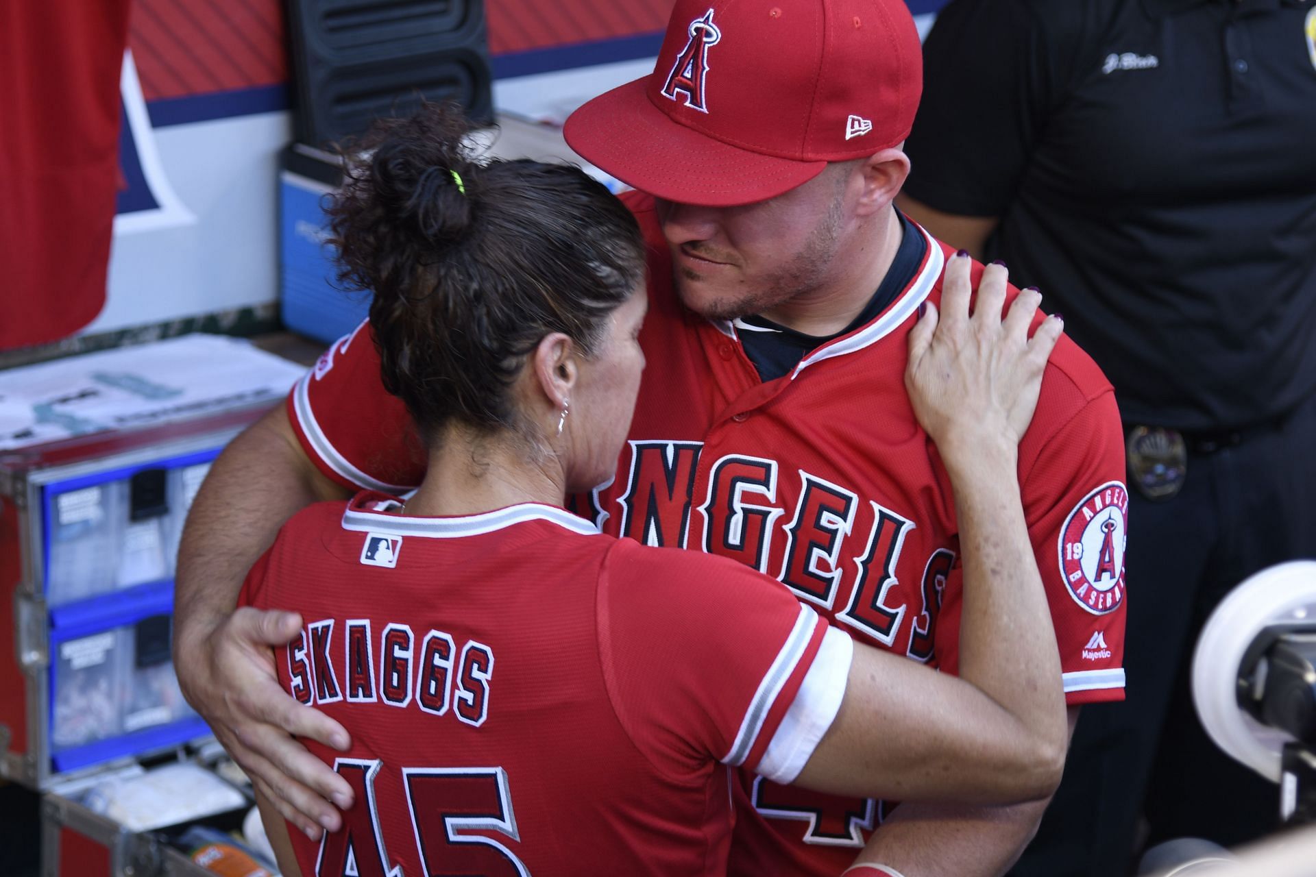 Mike Trout of the Los Angeles Angels poses with his family in