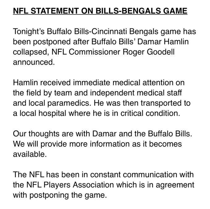 NFL Cancels Bills-Bengals Game That Was Suspended After Damar Hamlin's  Collapse - WSJ