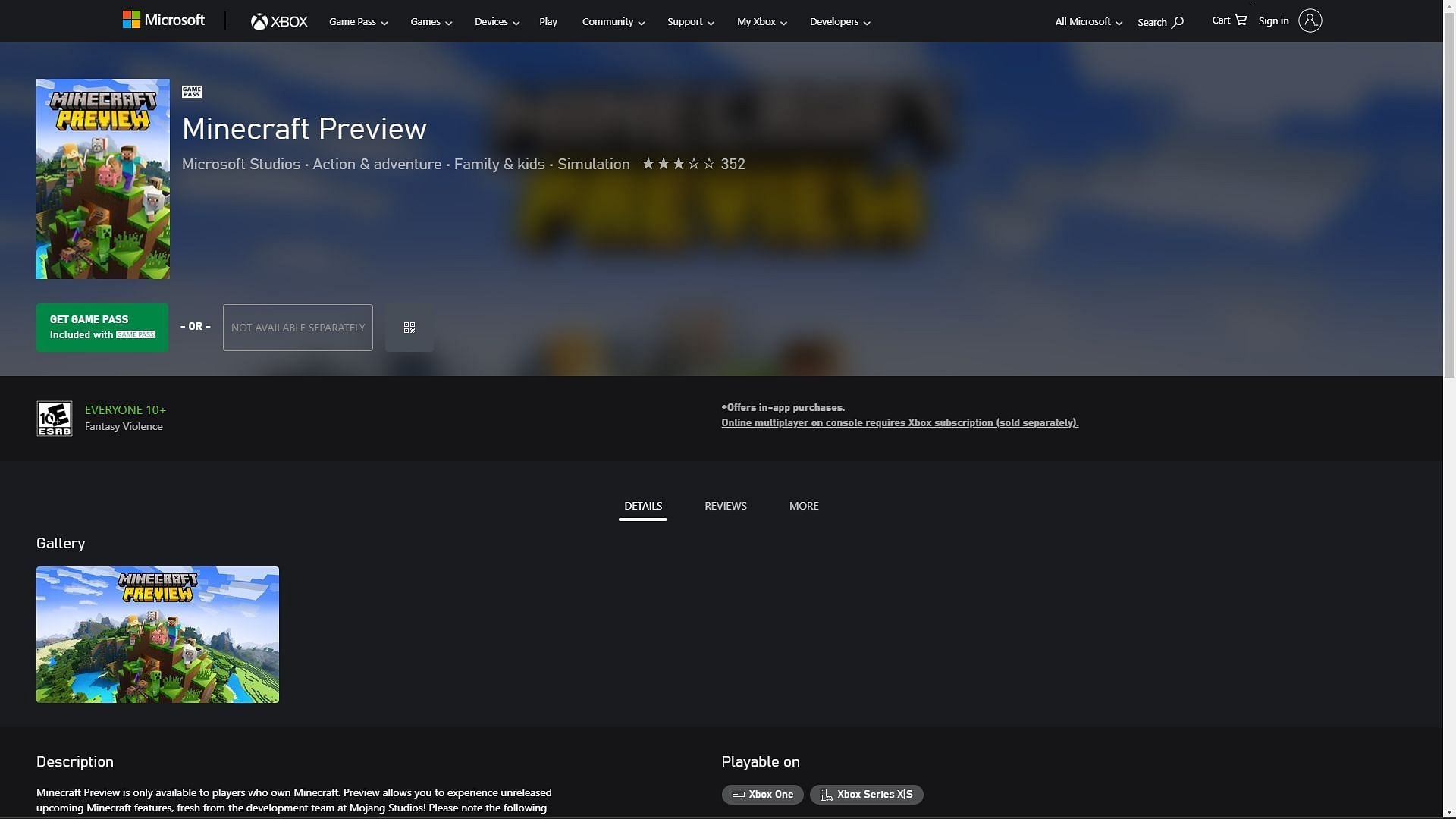 Product page for Minecraft beta and preview on Xbox (Image via Sportskeeda)