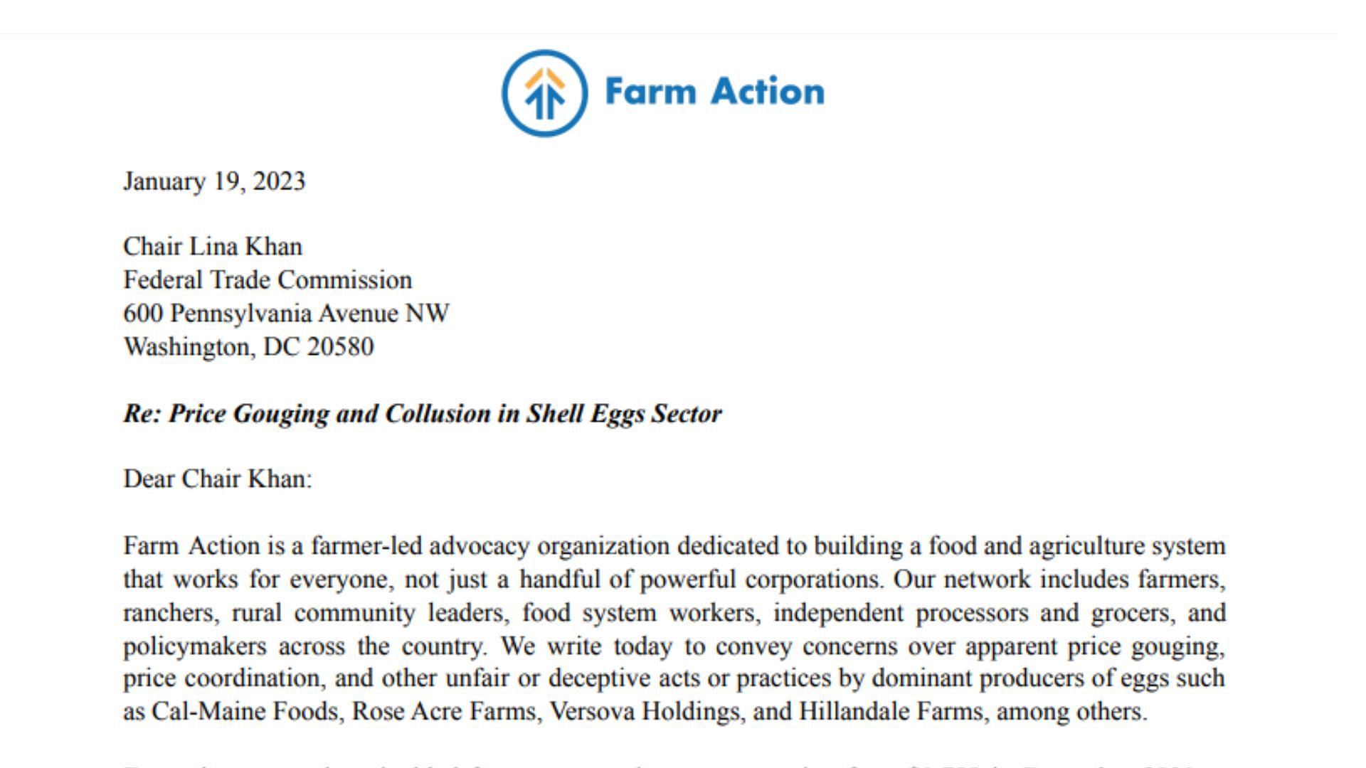 a snapshot of the letter addressed to FTC Chair Lina Khan regarding the exorbitant rise in egg prices and a chance of unfair play (Image via Farm Action)