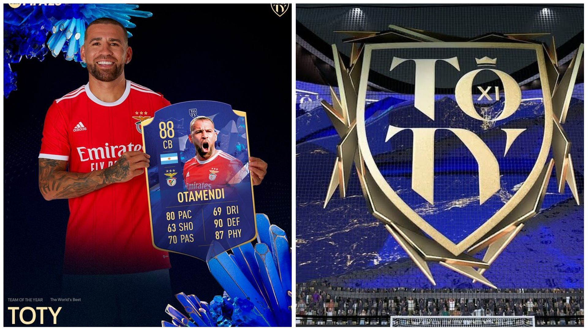 Nicolas Otamendi has received an objective card in FIFA 23 (Images via Twitter/SL Benfica and EA Sports)