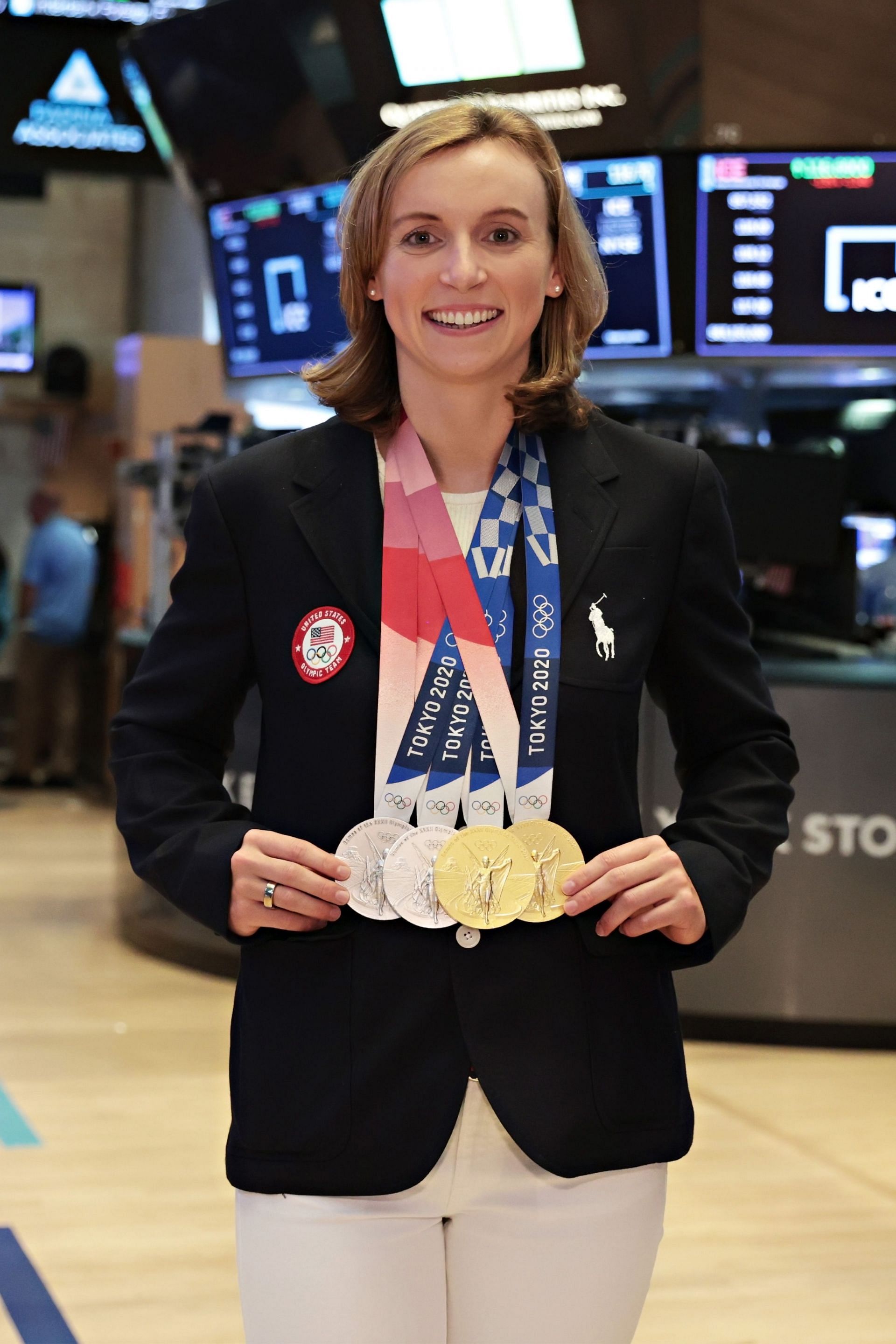 Katie Ledecky poses for a photo at the New York Stock Exchange (Photo by Cindy Ord/Getty Images)