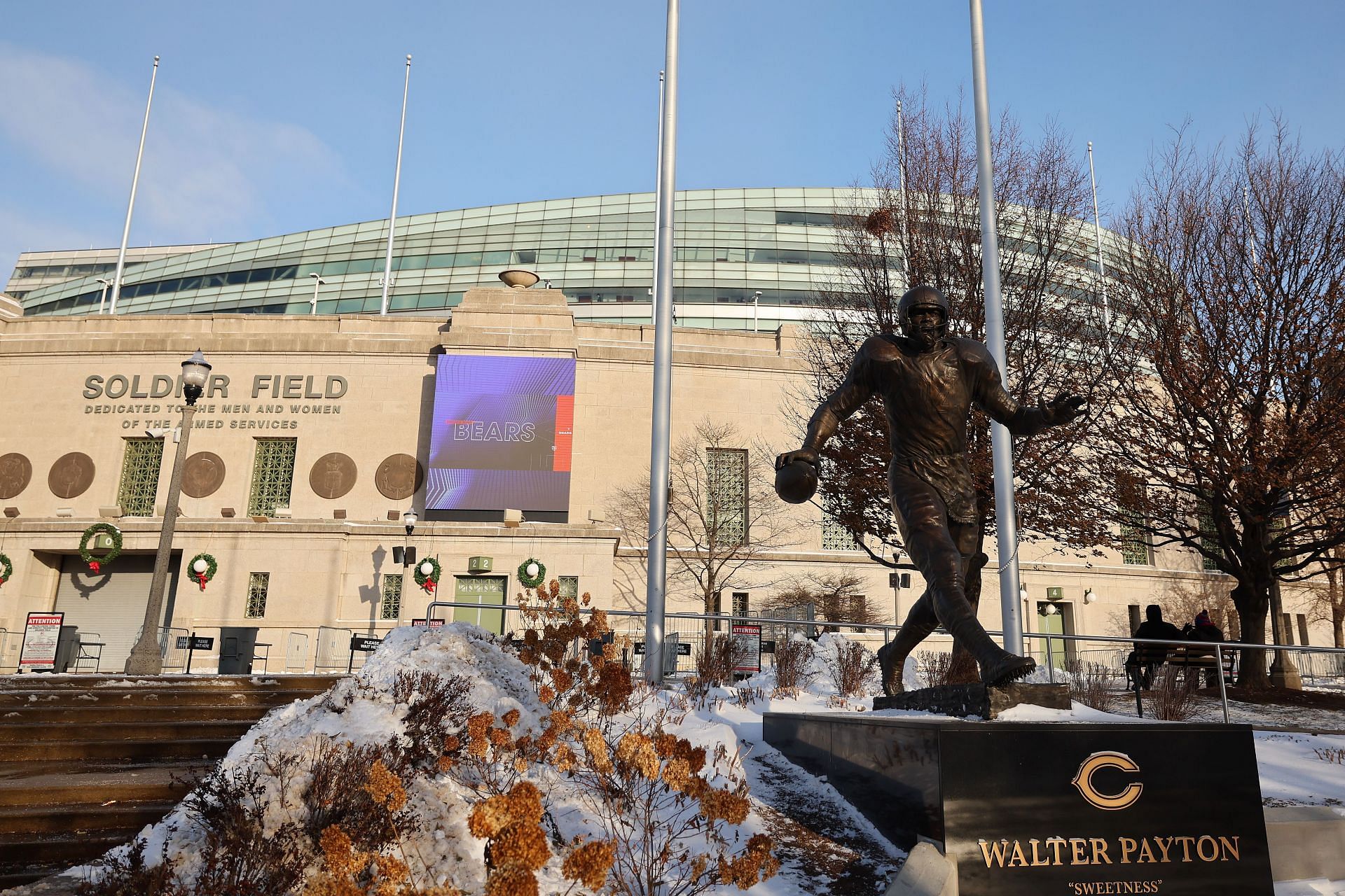 The Walter Payton statue outside of Soldier Fied for the Buffalo v Chicago game