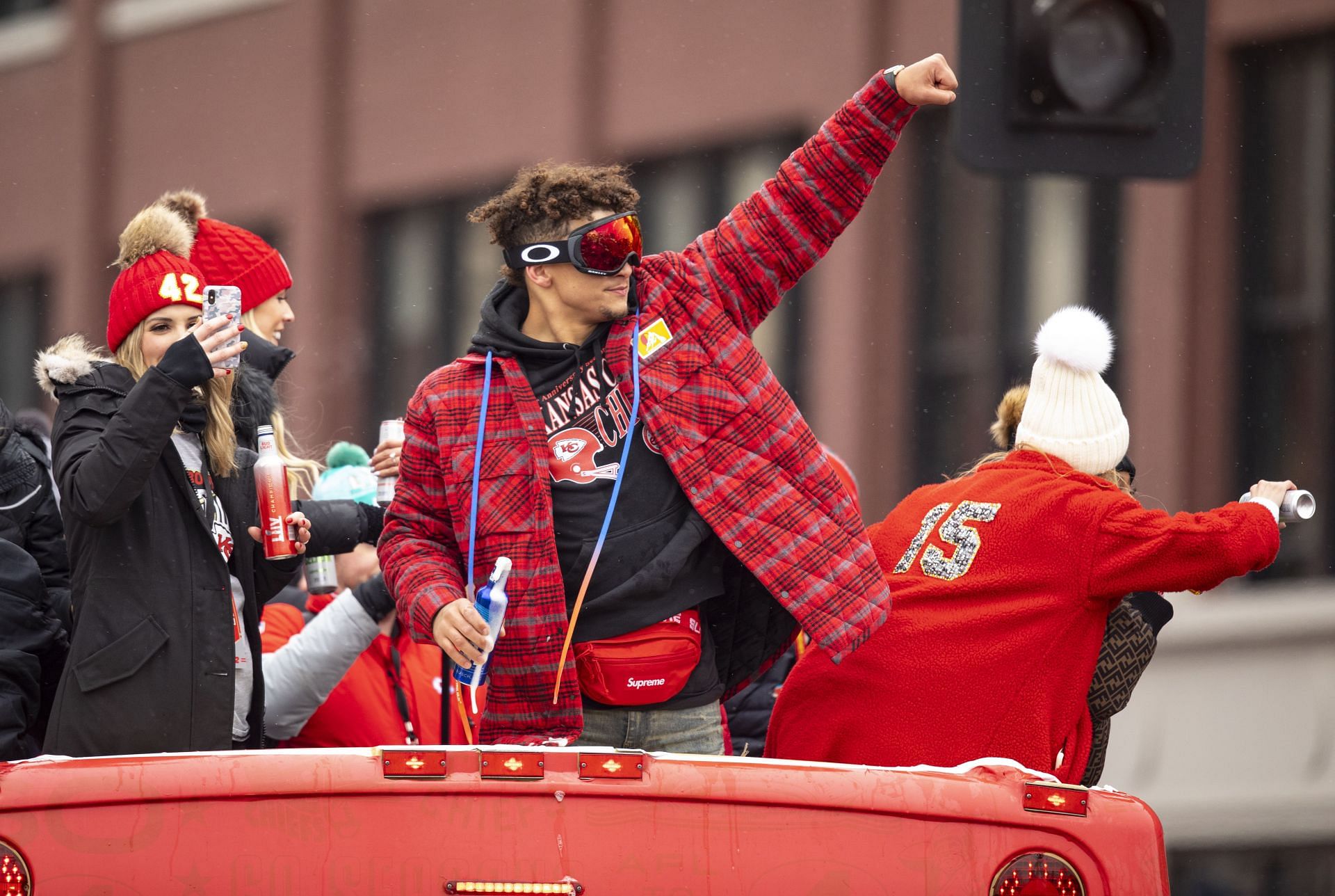 Patrick Mahomes celebrates at Kansas City Chiefs&#039; victory parade