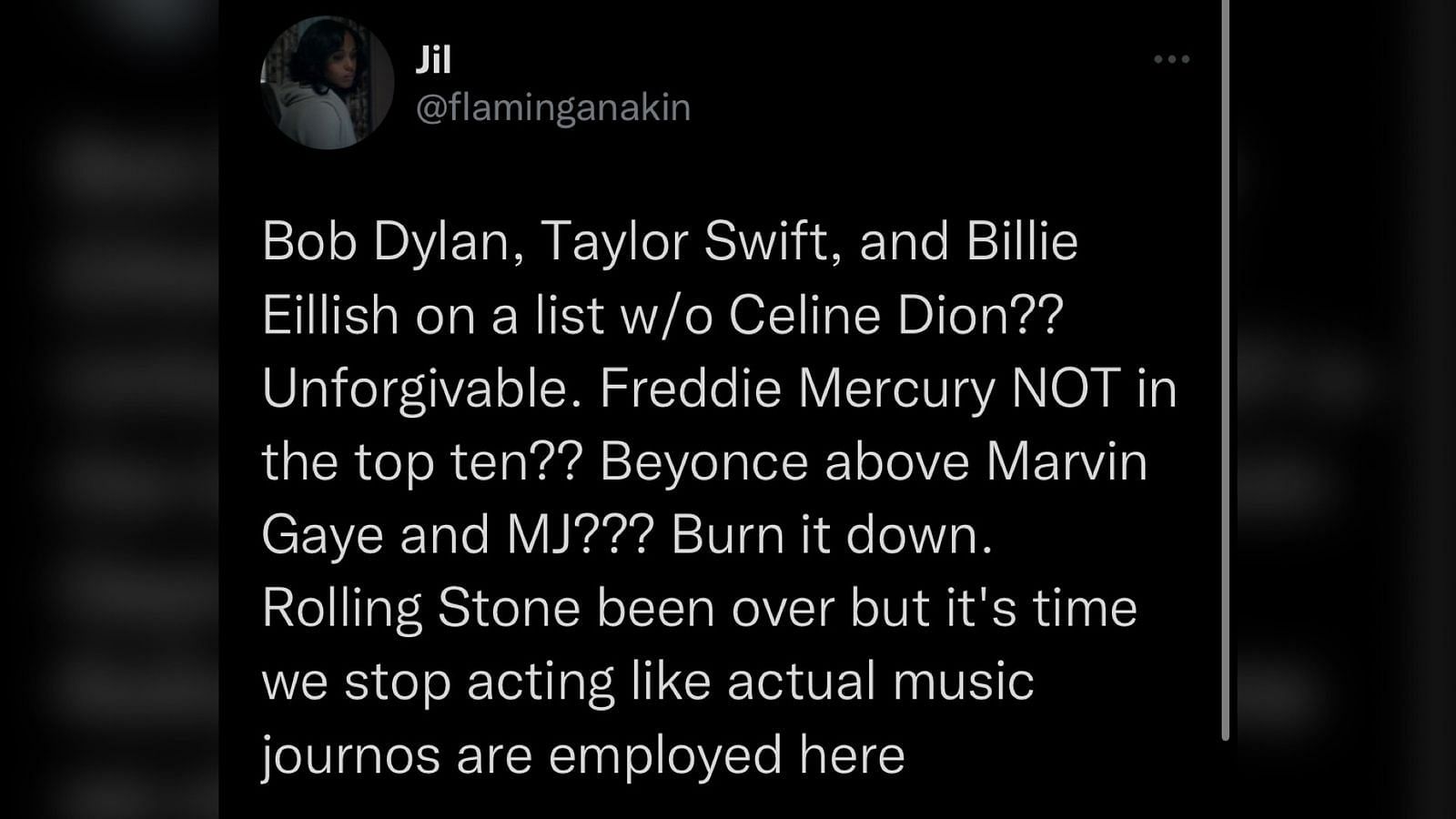 Screenshot of a Twitter user criticizing Rolling Stone&#039;s new list ( (Image via @flaminganakin/Twitter)