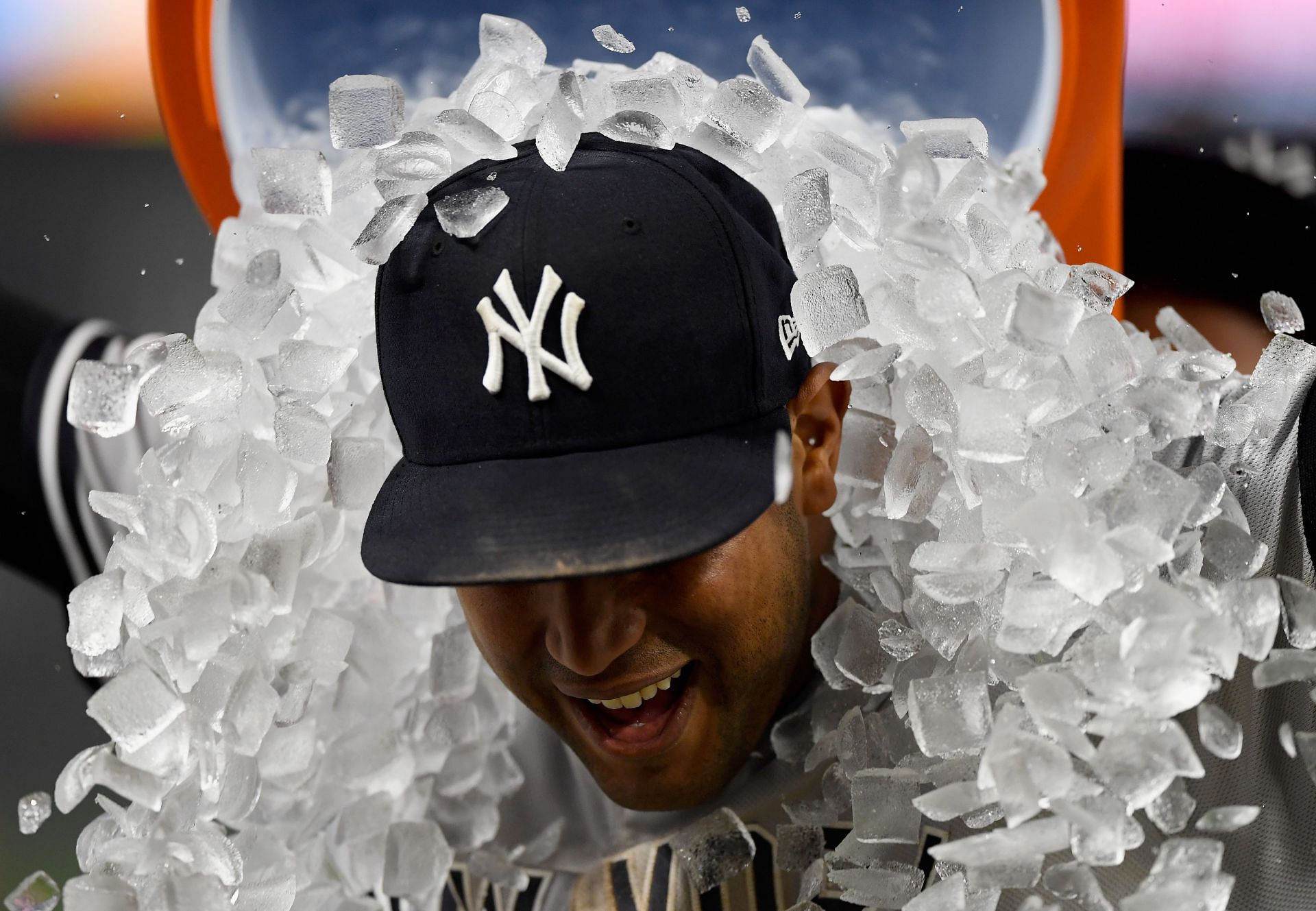 Aaron Hicks of the New York Yankees has ice poured on him.