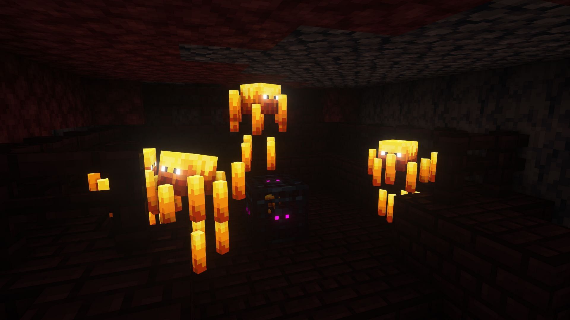 Blazes next to a blaze spawner in a fortress (Image via Mojang)
