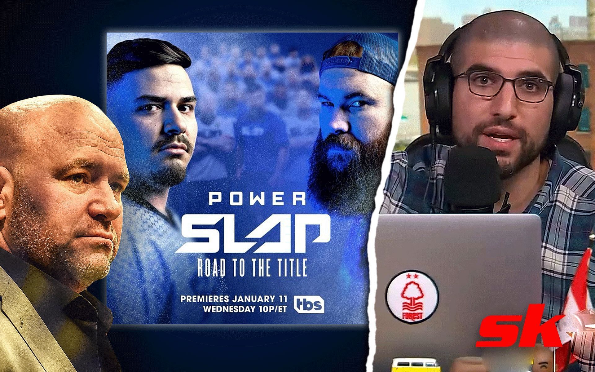 Dana White (left), Power Slap Fighting League poster (middle) and Ariel Helwani (right) [Image Courtesy: Getty Images, MMAFighting on Youtube and @powerslap on Instagram]