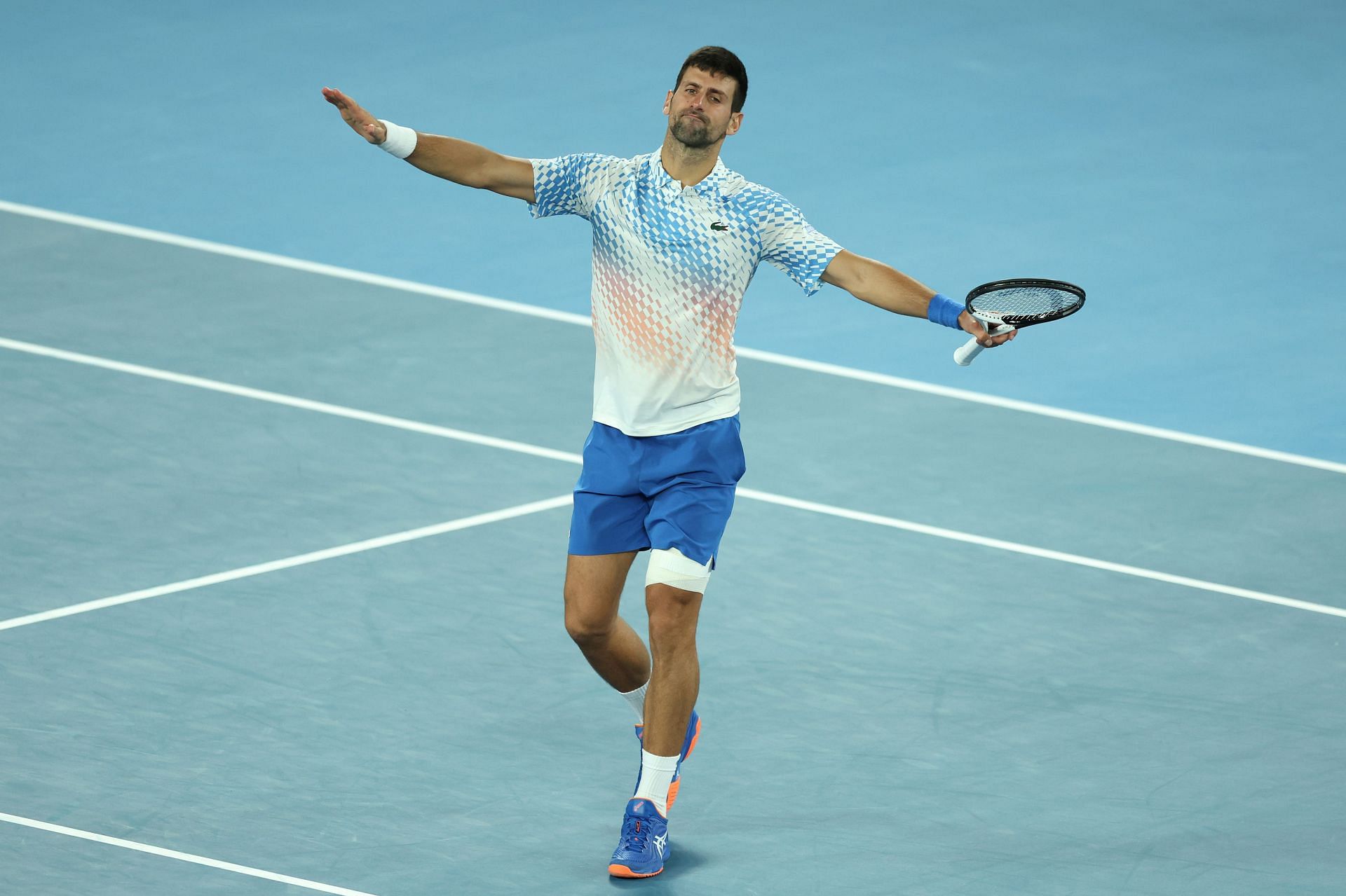 Novak Djokovic celebrating his win over Andrey Rublev