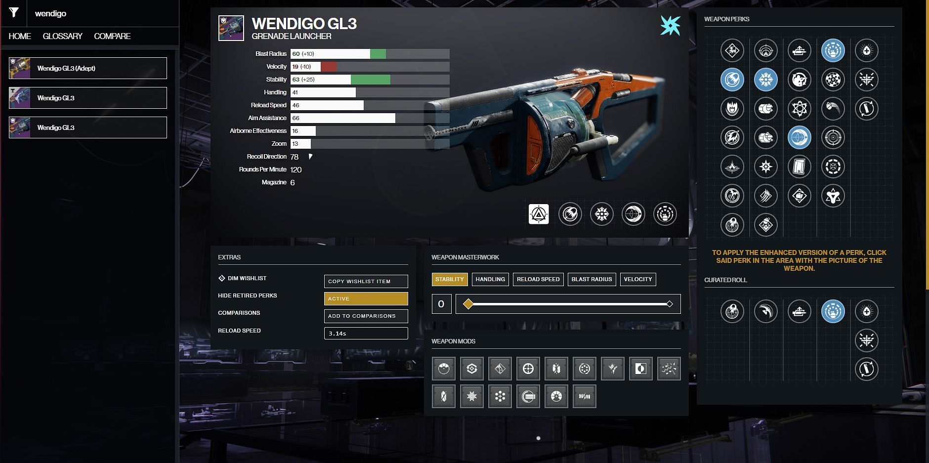 PvE god roll on the Wendigo GL3 (Image via Destiny 2 Gunsmith)