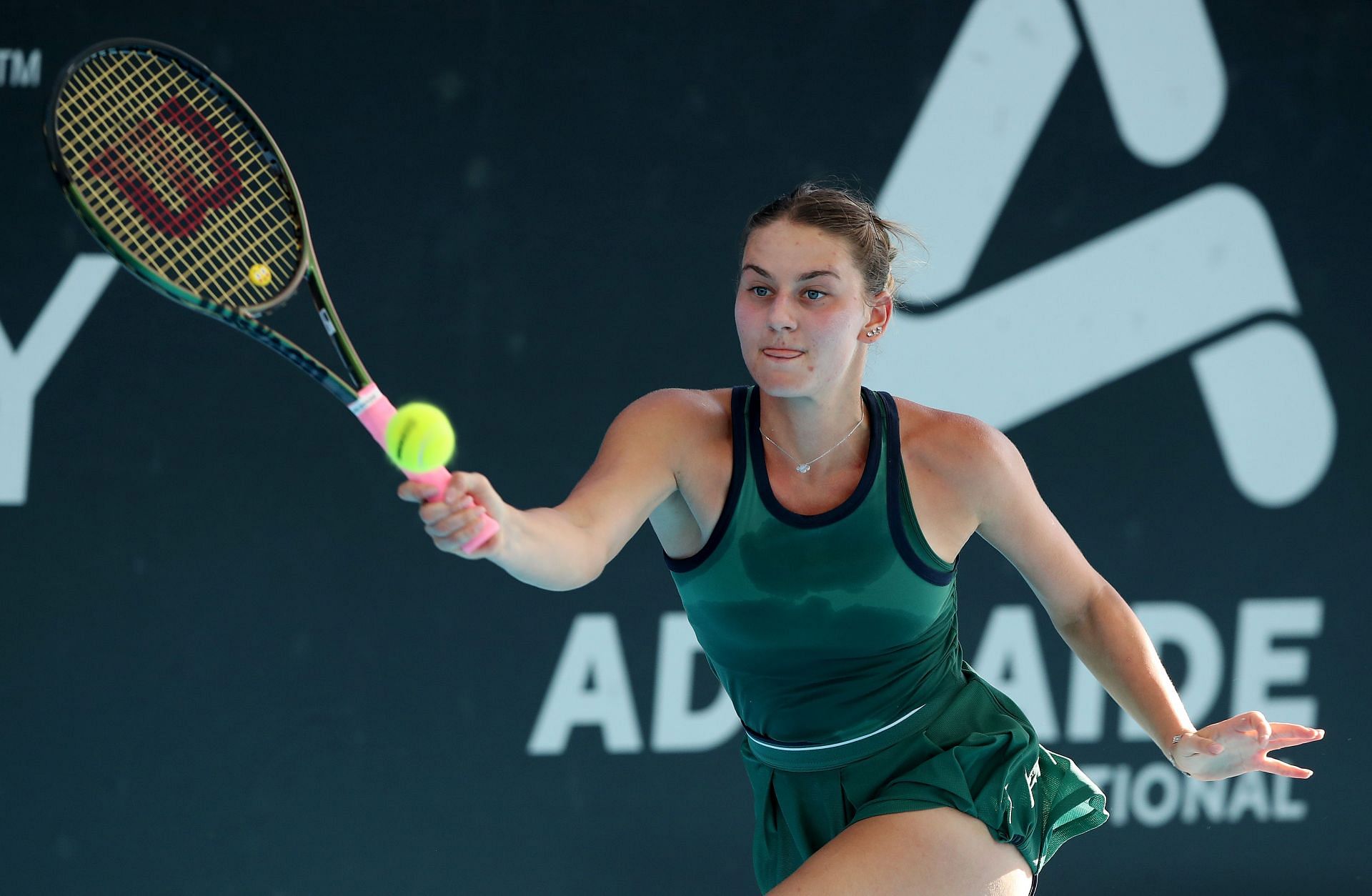 Marta Kostyuk in action at the 2023 Adelaide International 1.