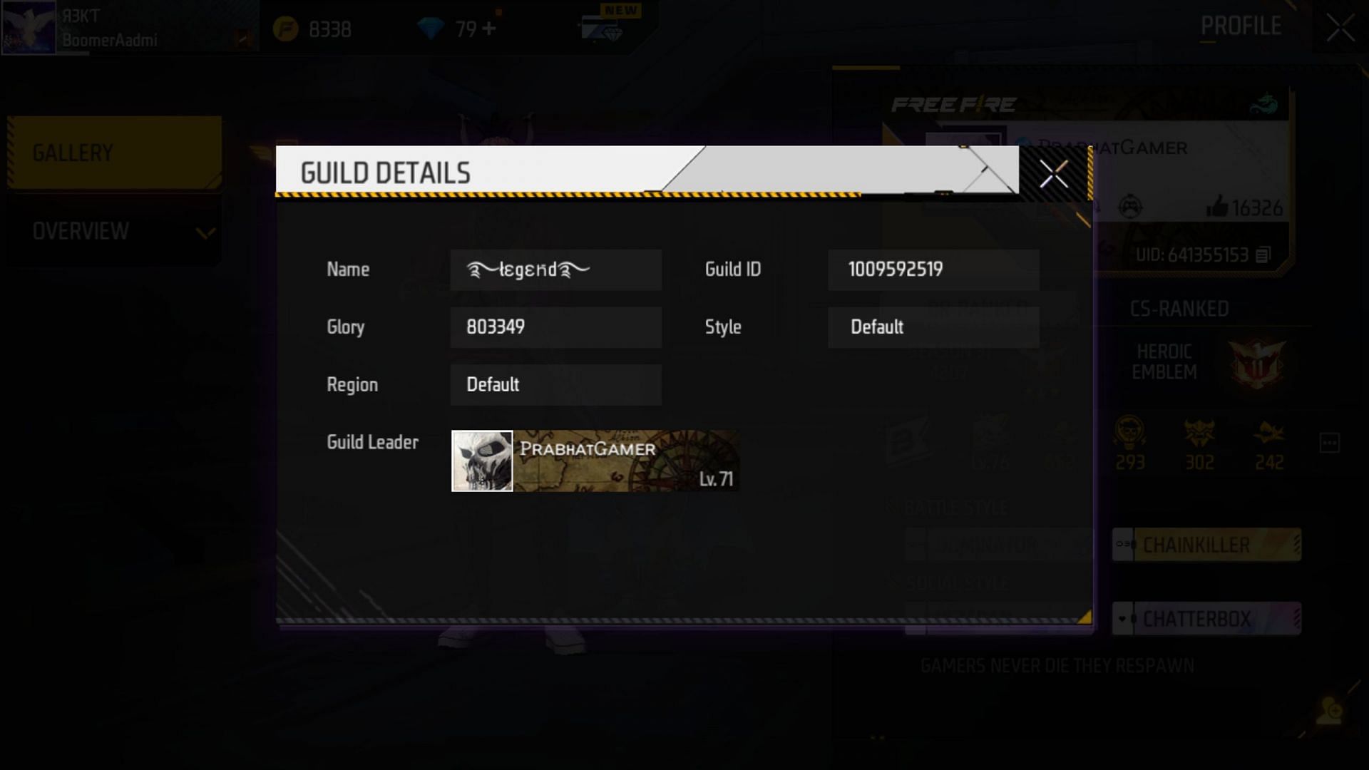 Prabhat Gamer&#039;s guild details in the battle royale title (Image via Garena)