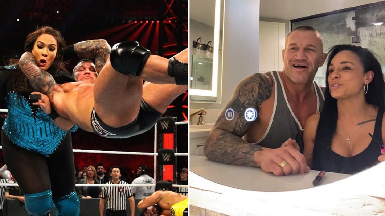 Orton hits an RKO on Nia Jax (left); Orton and his wife Kim (right)