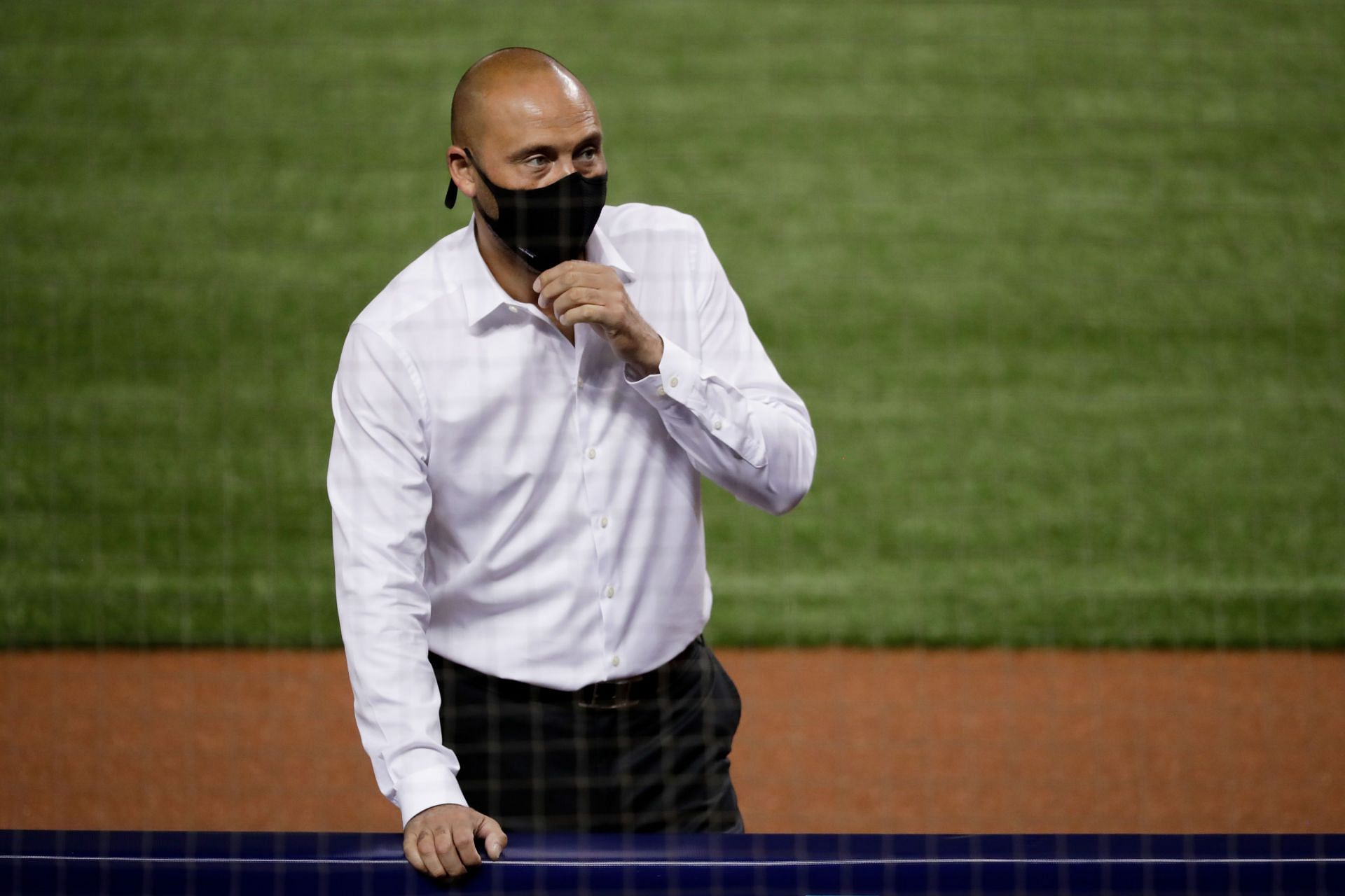 Former Miami Marlins part-owner and chief executive officer Derek Jeter looks on prior to their game against the Philadelphia Phillies at Marlins Park on September 12, 2020, in Miami, Florida.
