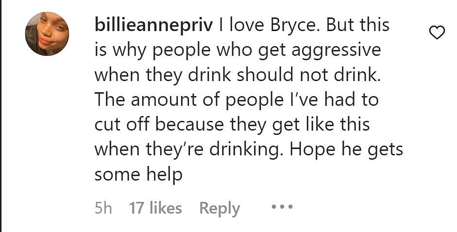 A comment calling out Bryce for the video (Image via Instagram/@billieannepriv)