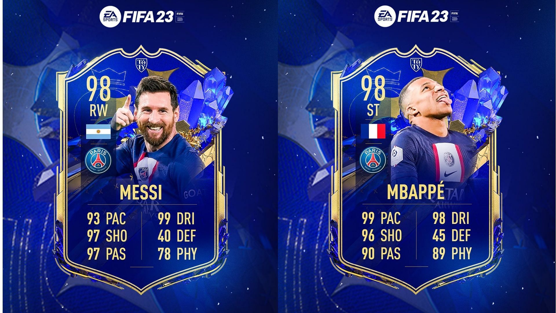 Messi and Mbappe are rumored to appear in the starting lineup of the TOTY promo (Images via Twitter/FUT Sheriff)