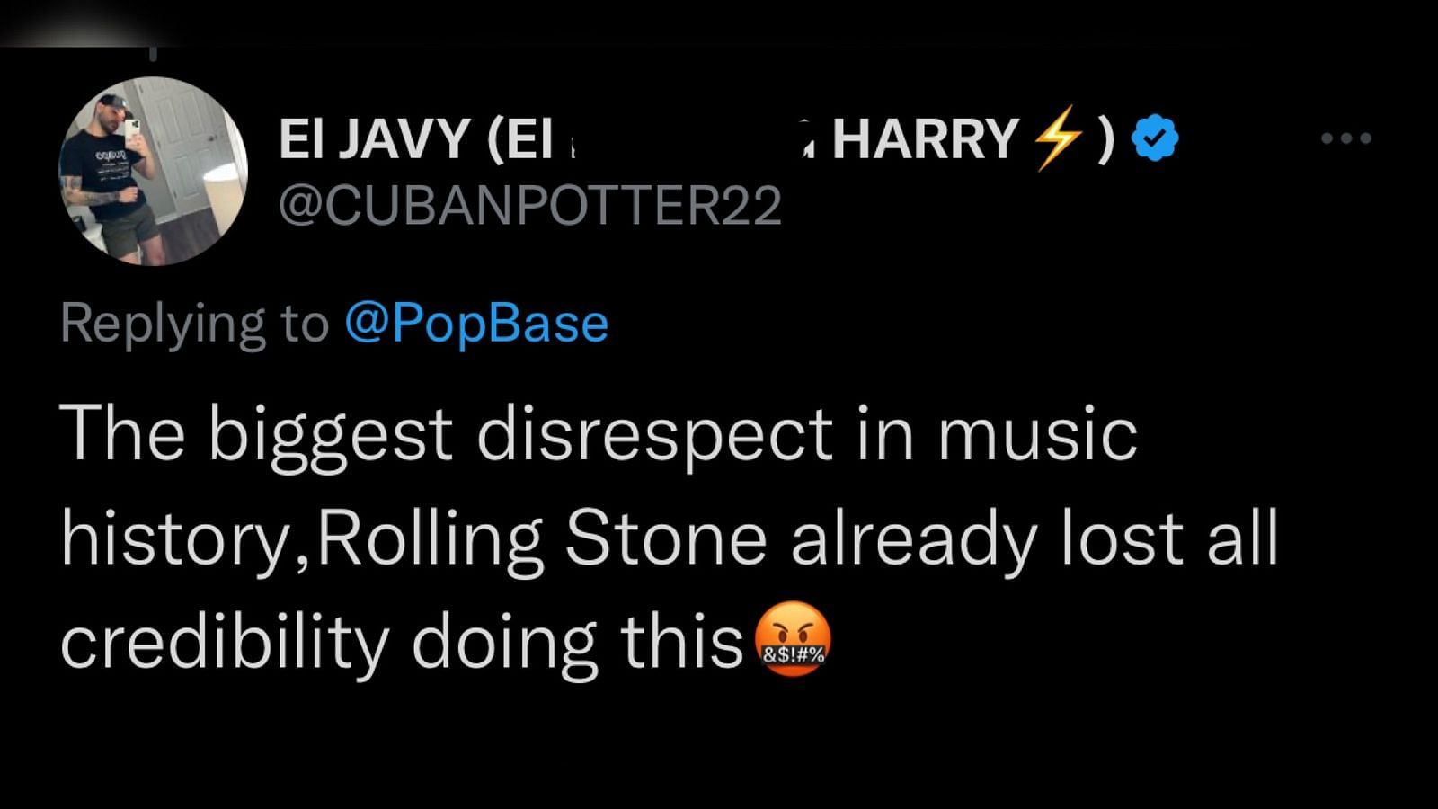 Screenshot of a Twitter user criticizing Rolling Stone&#039;s new list (Image via @CUBANPOTTER22/Twitter)